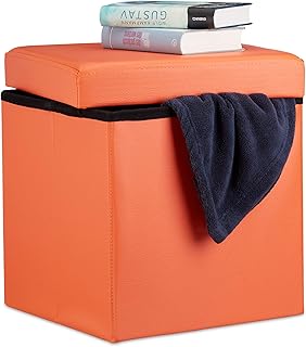Relaxdays 10019043_57 Sgabello, Coperchio, Pouf Contenitore, Poggiapiedi, in finta pelle, H x L x P: 38 x 38 x 38 cm ca. Arancione, Tessuto, Arancio