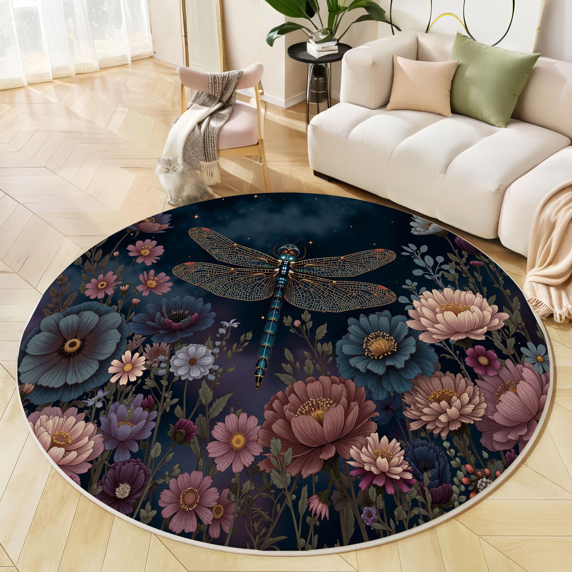 Tapis bleu foncé 60 cm lavable et rond à motifs de libellule