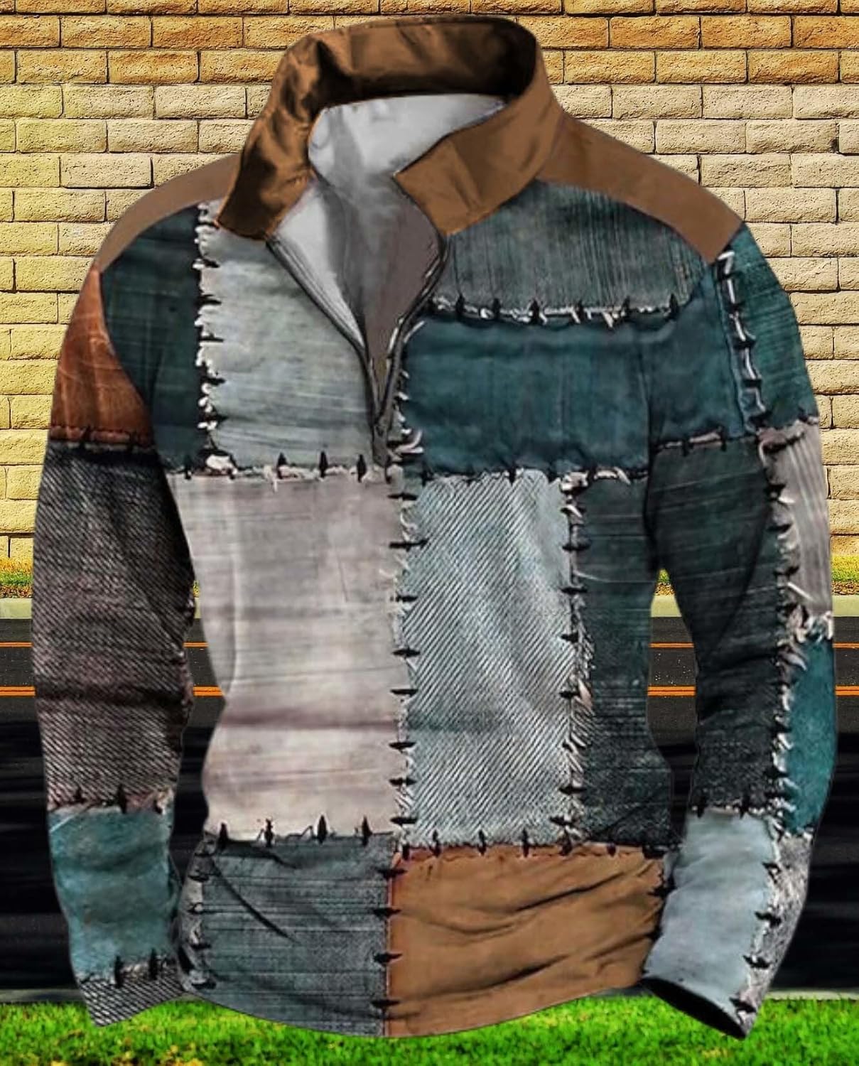 Mens Retro Large Size Long Sleeve Shirt Fashion Zipper Pullover Plaid Patchwork Street Top Create Trendy Street Style - Image 3