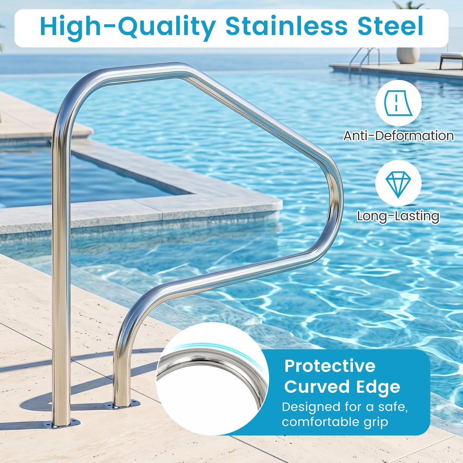 FANTASK Pasamanos de piscina, 130 x 94 cm, acero inoxidable 304, fácil de instalar, mango para piscina empotrada, arco de agarre para piscinas, parque acuático