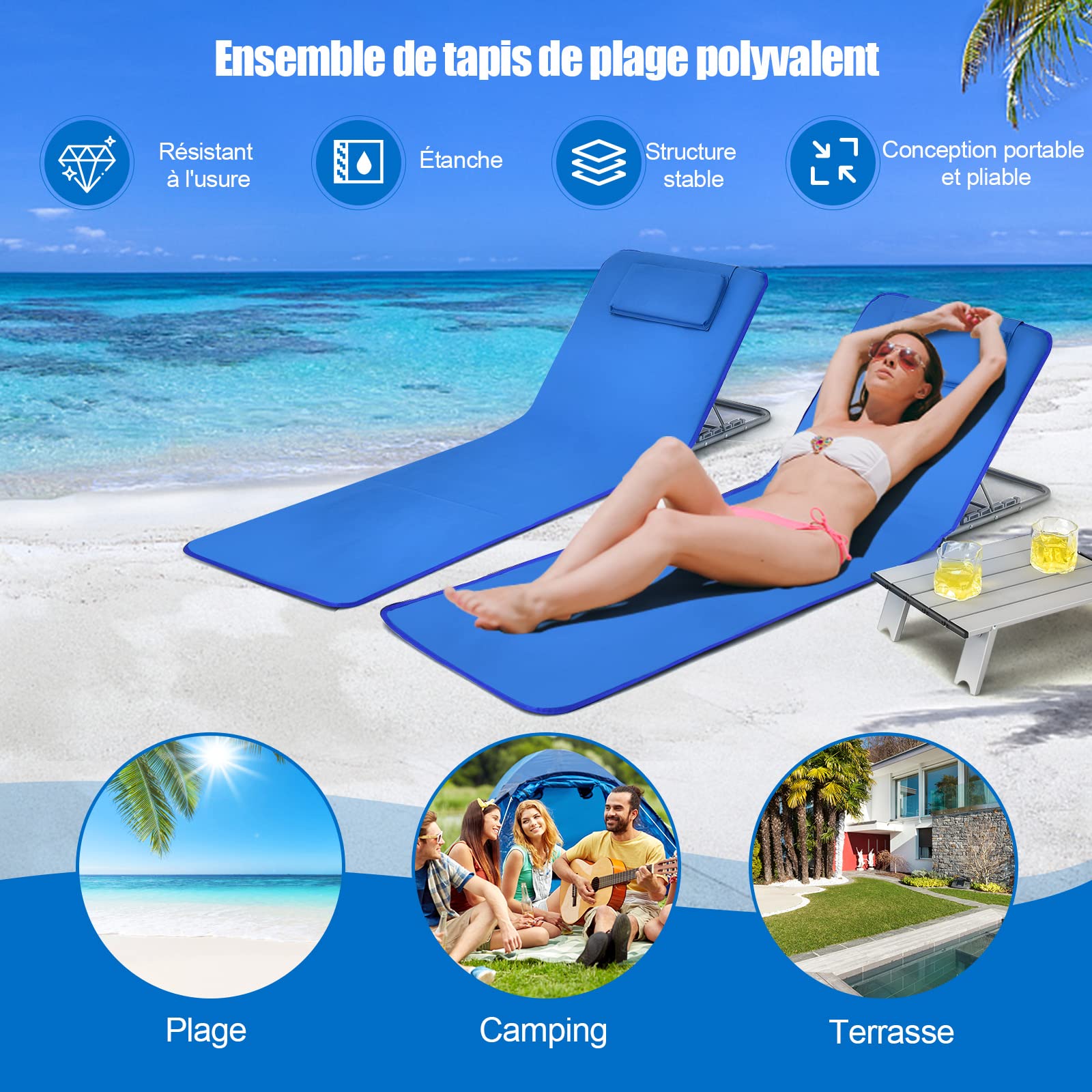 GOPLUS 2PCS Matelas de Plage Réglable à 5 Positions avec Table Basse, 2 Tapis de Plage avec Appuie-têtes, Table d’Appoint Portable, Conception Pliable, Idéal pour Patio, Piscine, Terrasse (Bleu)
