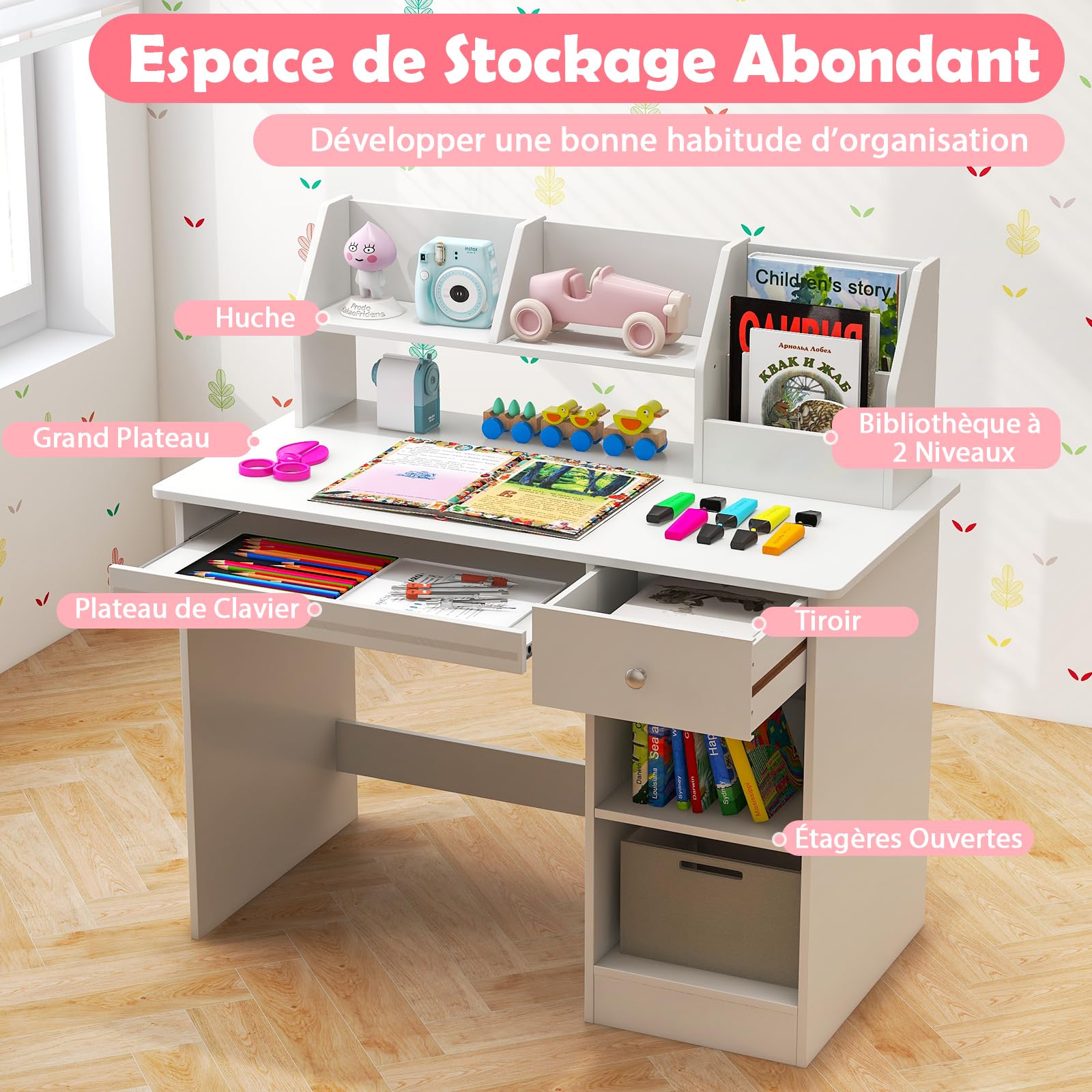 GOPLUS Table Enfant, Bureau Enfant en Bois avec Tiroir, 2 Étagères, Plateau à Clavier, 3 en 1 Bureau pour Fille Garcon avec Dispositif Anti-basculement, Blanc, 90X45X90CM