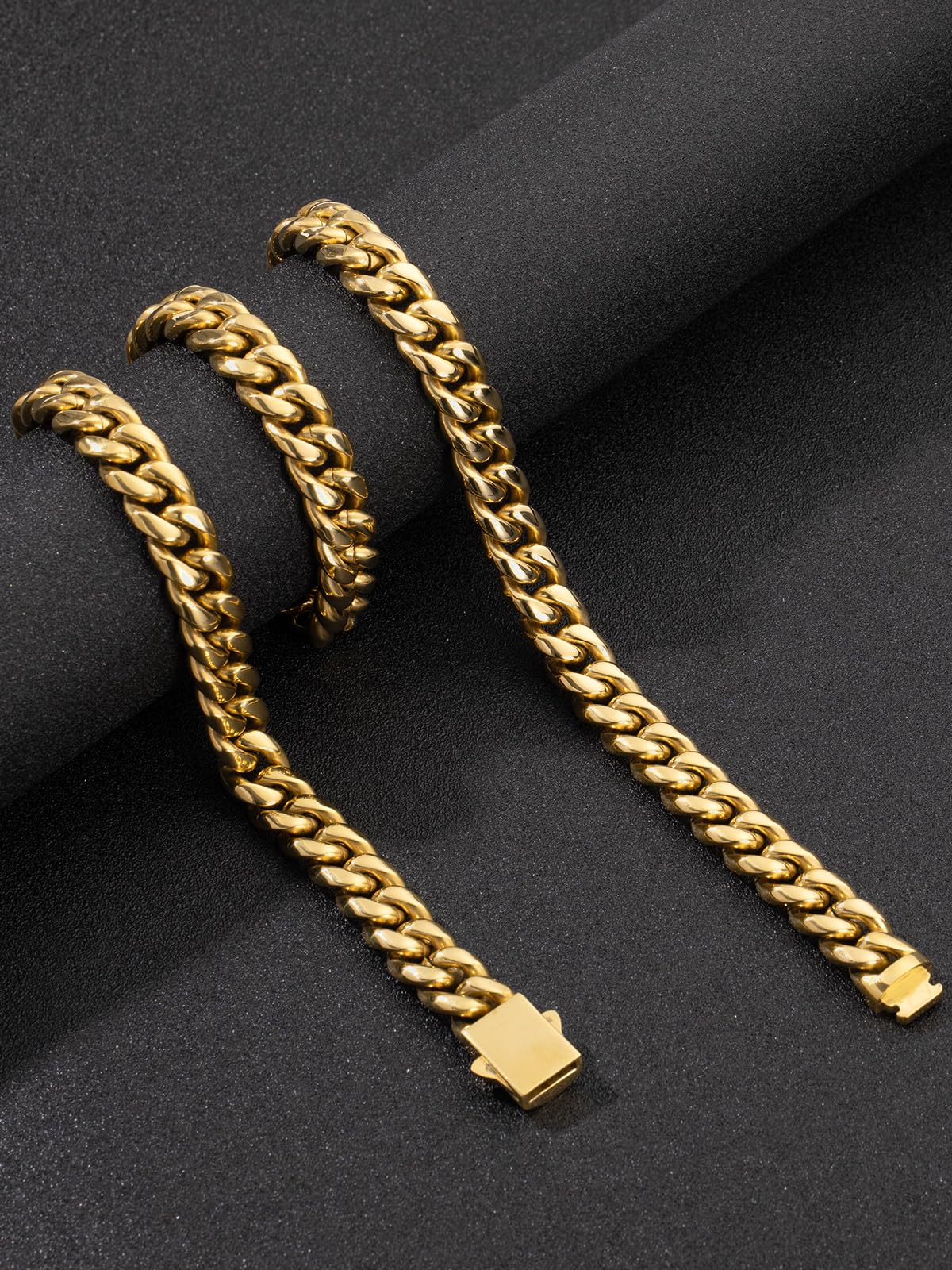 Cadena de eslabones cubanos de oro de 12 mm para hombre, no se deslustra, collar de acero inoxidable 316L con cierre de caja resistente, chapado en oro de 18 quilates, cadena Miami duradera