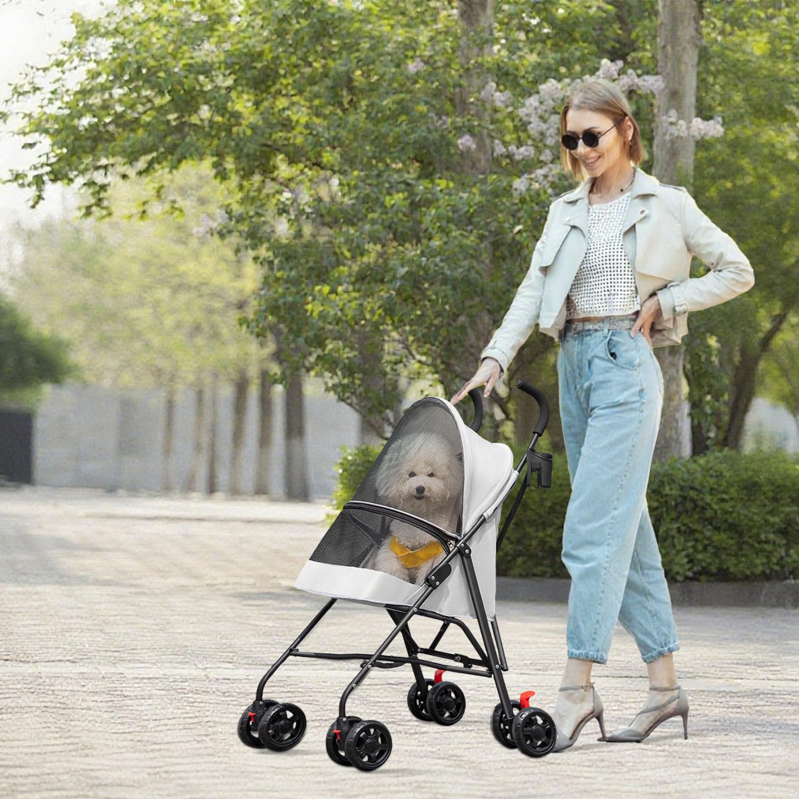 OHMG Passeggino pieghevole animali carrello pieghevole impermeabile cane gatto porta bicchiere cestino portaoggetti incluso ruote con freno tessuto 600D Oxford acciaio copertura antipioggia inclusa