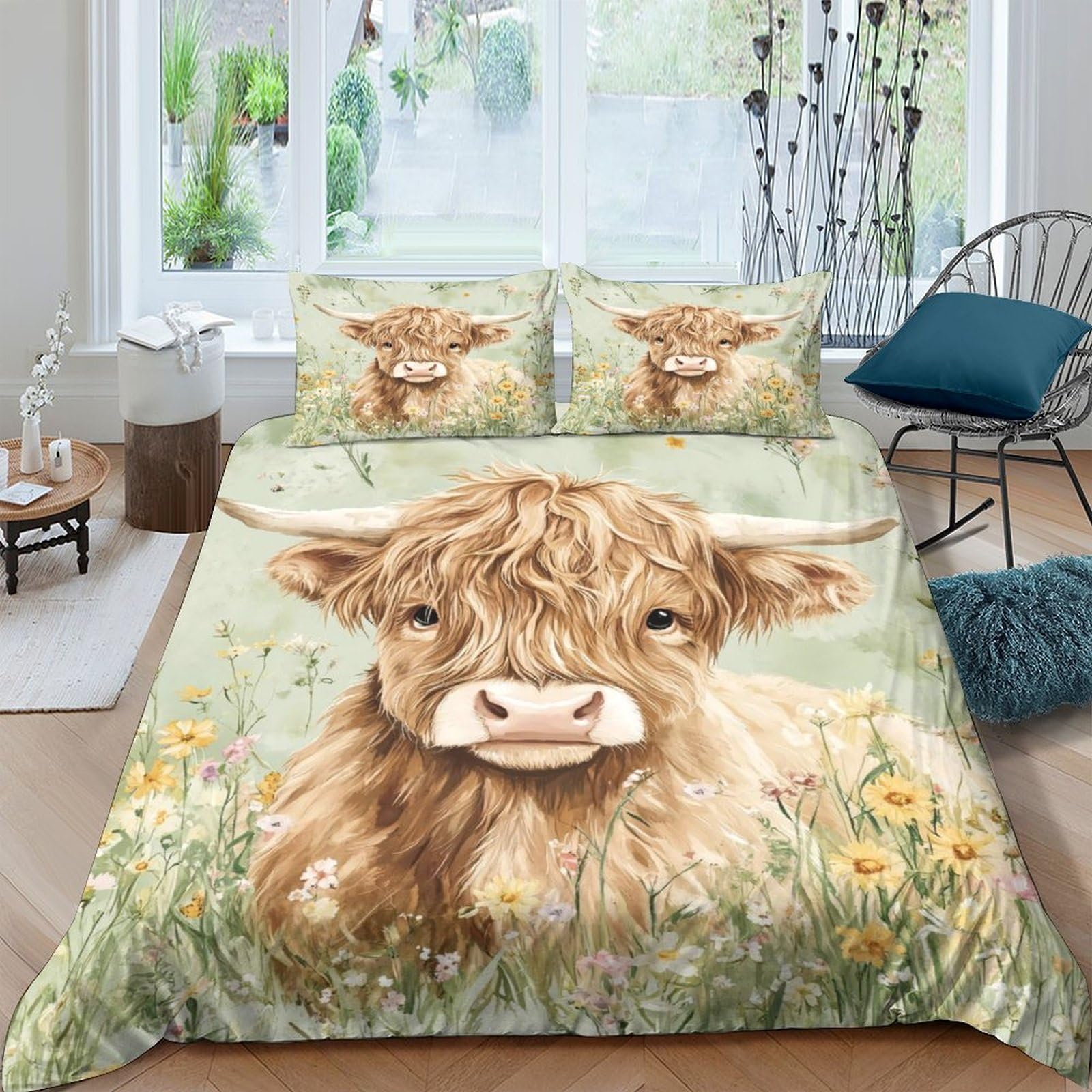 Ctjqhvkz Style-2 3D Printed Highland Cow Fitted Sheet Microfiber Anti-Slip Bed Cover Wildflower Art Decor Bedroom Easy Care Single（135X200cm）