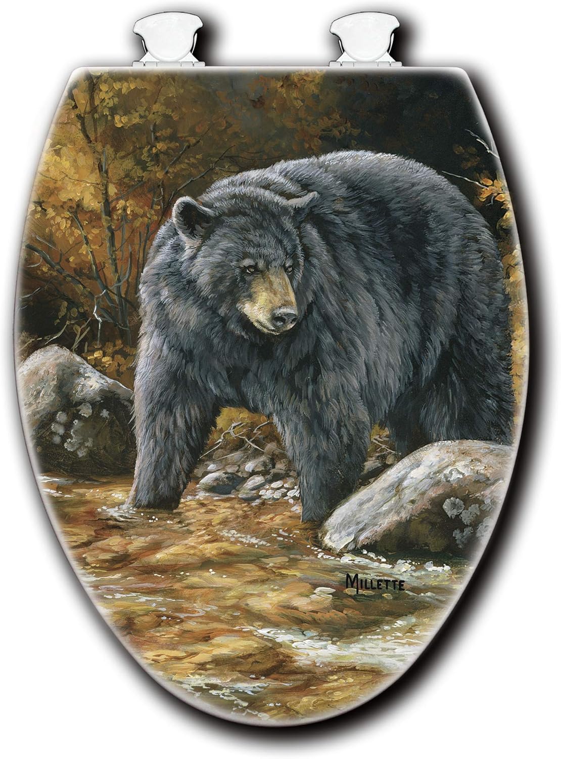 House & Homebody Co. Elongated Toilet Seat, White with Outdoor Image (Streamside Bear)