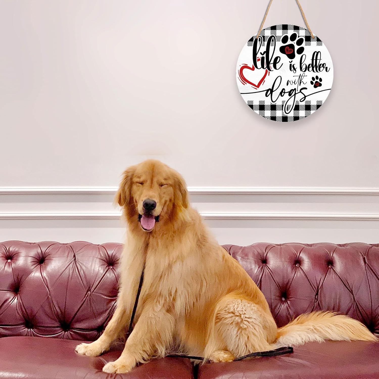 Life Is Better With Dogs Wooden Hanging Sign, 12 Inch Round Wood Plaque Front Door Sign for Dog Lovers, Rustic Home Wall Decor for Outdoor Indoor Porch Garden Decor & Supplies, Gift for Pet Owners-A02 - Image 5