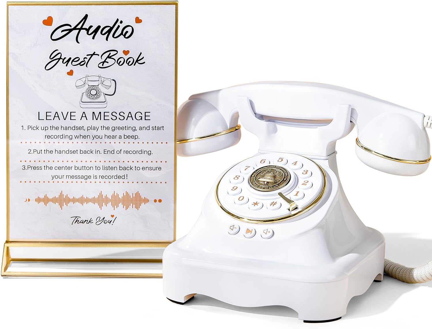 Audio Guest Book Wedding Phone with One-Touch Playback & Adjustable Volume for Wedding, Anniversary, Birthday Parties, Tattle Phone for Classroom(White+Sign)