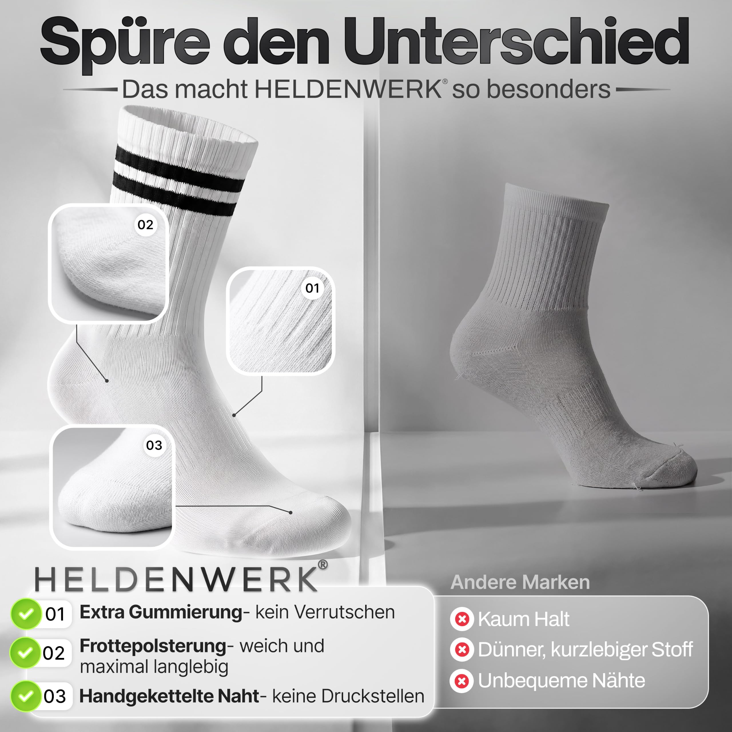 HELDENWERK® Calzini da tennis da uomo (6 paia), in cotone, con suola imbottita e tallone rinforzato, traspiranti, per il tempo libero, il tennis e la vita quotidiana