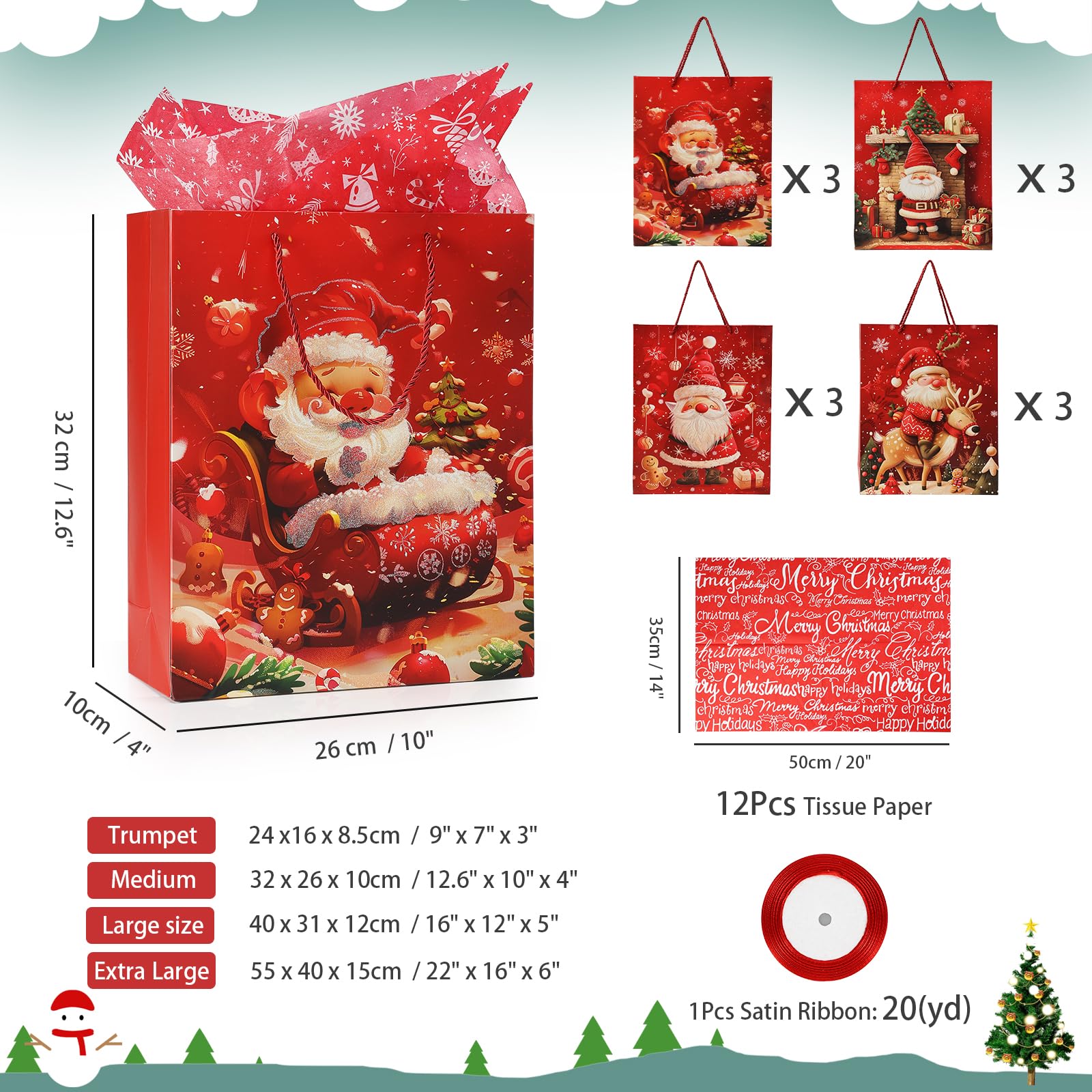 Rusikia 12 Christmas Gift Bags with 12 Tissues and 1 Satin Ribbon, Red Party Favor Bags Bulk with Handles, Glittery Cute Tree Father Christmas Paper Bag for Wrapping Holiday (Large 16"x12"x5")