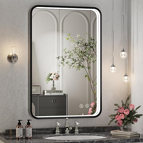 Espejo de baño LED de 36 x 24 pulgadas con luces, espejo de marco de metal negro, espejos de tocador iluminados para pared, espejo LED regulable