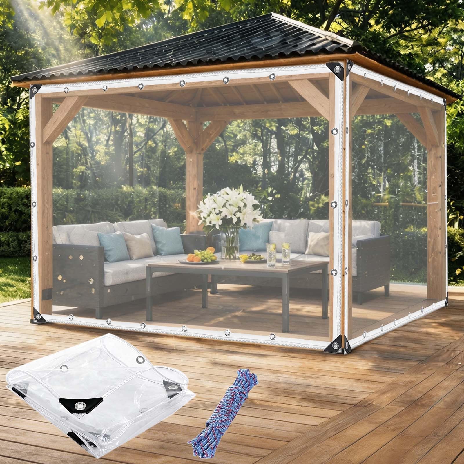 Clear Heavy Duty Tarpaulin 185 x 370 cm 400Gsm, with Reinforced Grommets, Include Rope Waterproof Clear Tarp, Outdoor PVC Transparent Tarpaulin for Camping Shed, Furniture, colorless