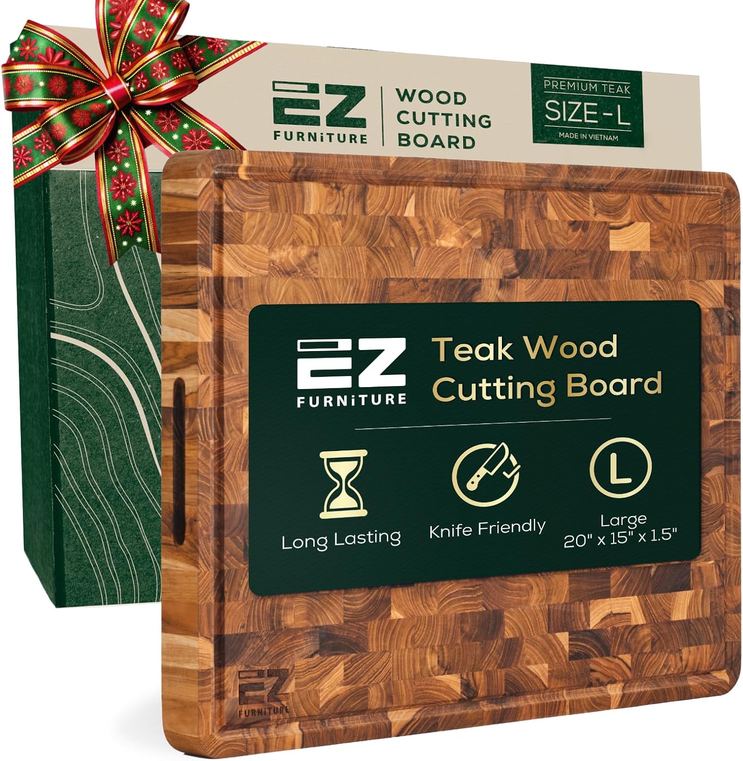 Non-Toxic Teak Wood Cutting & Serving Board, Luxury Ideal Christmas Gift for Kitchen, Knife Friendly, Pre-Oiled End Grain with Juice Groove & Handles (L 20" x 15" x 1.5", 11.90 lbs) Teak End Grain 20"L x 15"W
