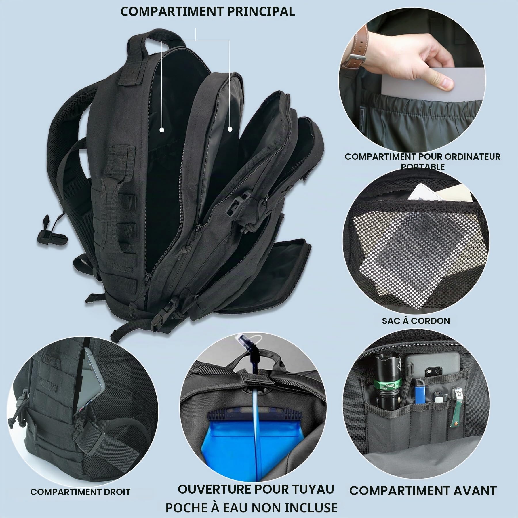 APRILBAY Sacs à dos tactiques Sac à dos de plage Sac à dos d'extérieur Sac à dos de randonnée Sac à dos Molle, 3 jours Assault Pack, Sac à dos militaire Voyage d'affaires Grand sac d'espace