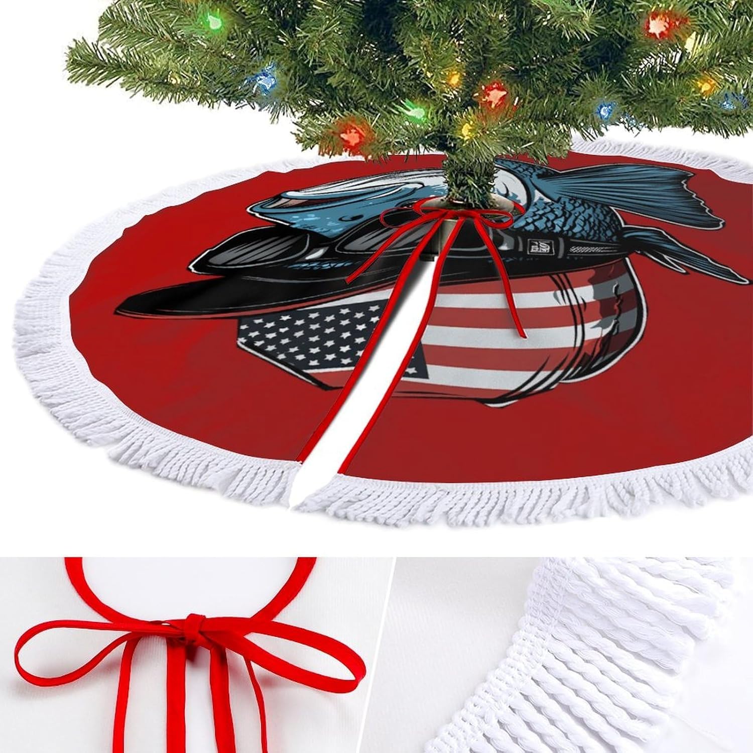 Bass Fish USA Flag Christmas Tree Skirt Round Xmas Tree Mat Ornaments Tree Skirts with Tassels for Holiday Party