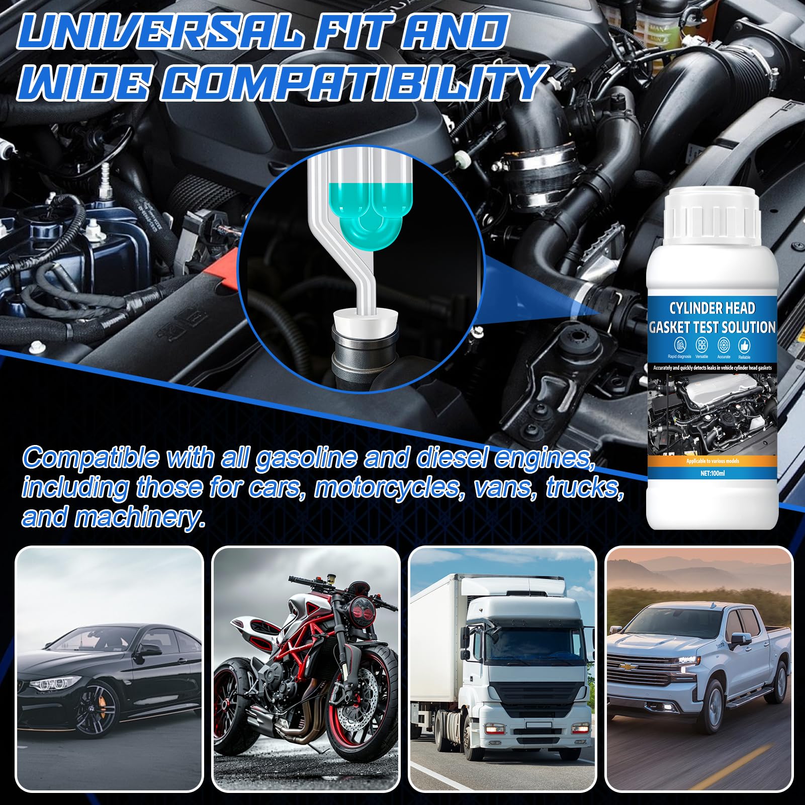 Test Guarnizione Testata, Tester di Guarnizione a Testa Cilindrica CO2 - Diagnosi Rapida e Affidabile per 50 Test, Kit Universale Rilevatore di Perdite CO₂ per Auto e Moto