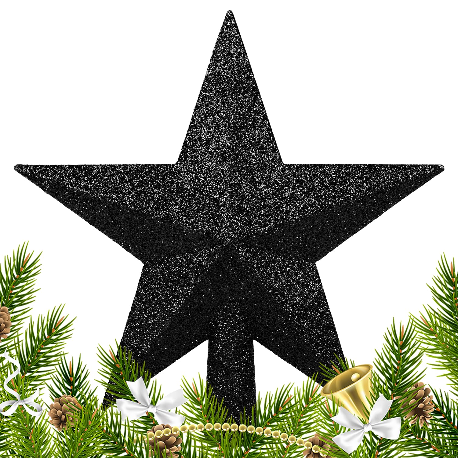 Veylin Black Glitter Christmas Tree Topper Star, Hollow Bottom Xmas Tree Top Star For Christmas Tree Ornament