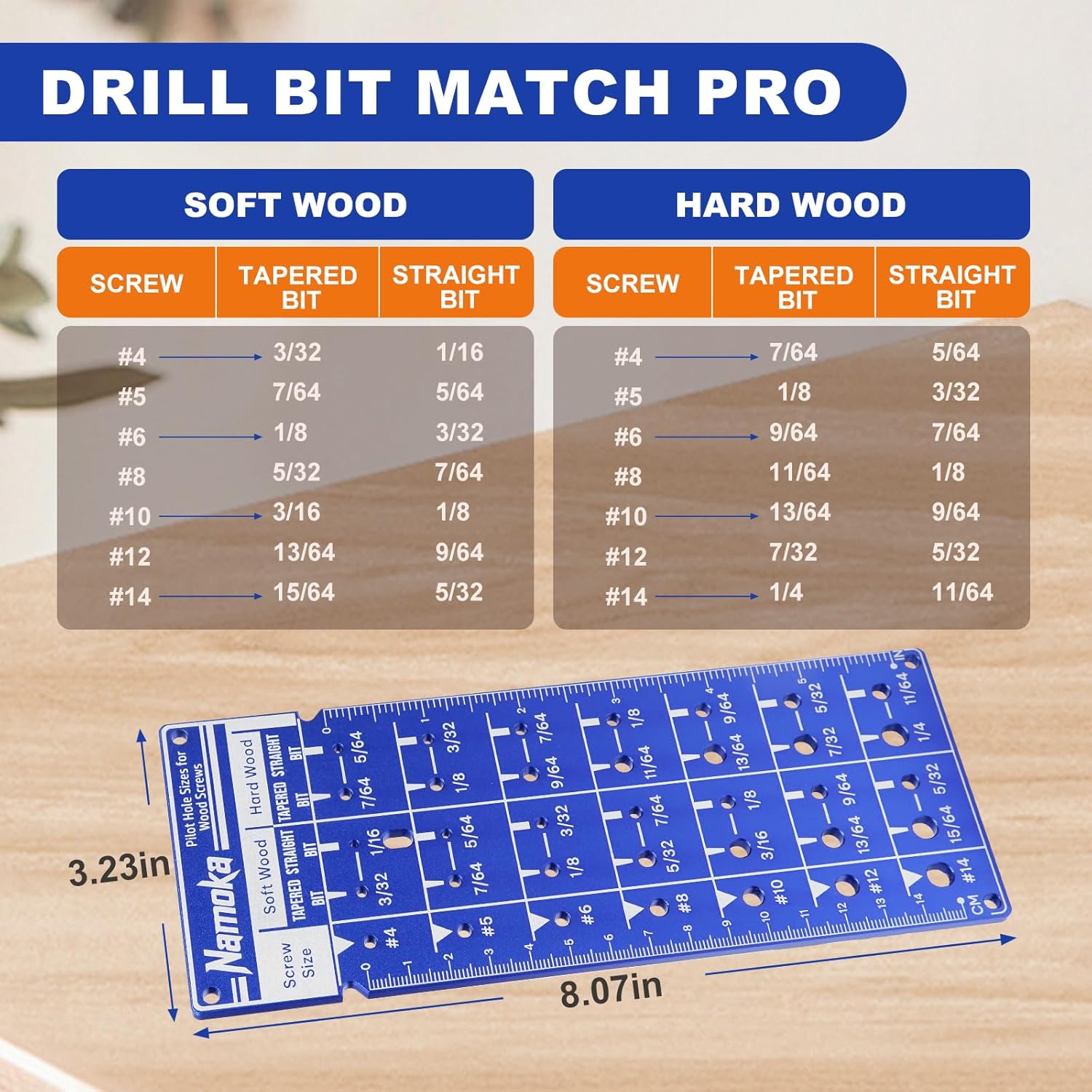 Screw Size Chart & Drill Bit Gauge - Laser-Etched 6061 Aluminum Pilot Hole Guide (#4-#14) | Tapered/Straight Bits for Softwood/Hardwood | 15cm + 6" Ruler Gifts for Men