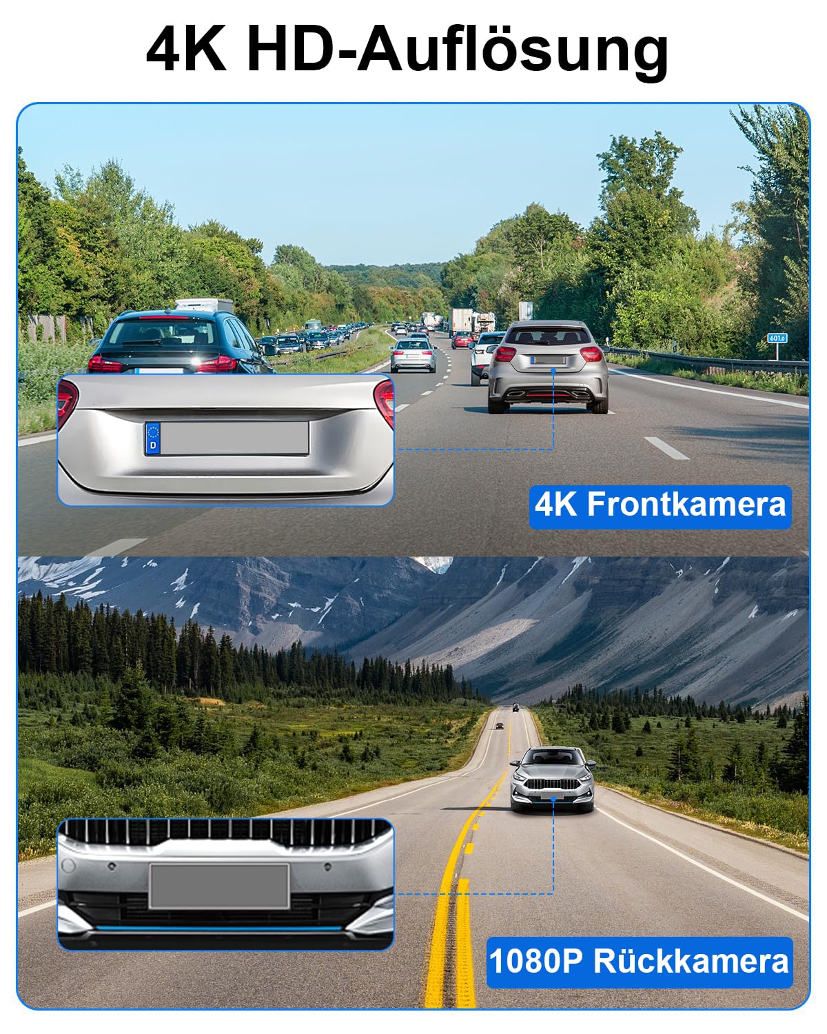 oryzoms 4K Dashcam mit 3,94" Bildschirm/Vorne & hinten/Autokamera mit 170° Weitwinkelansicht/Nachtsicht/Parküberwachung/G-Sensor –Loop-Aufnahme, ideal für sicheres Fahren