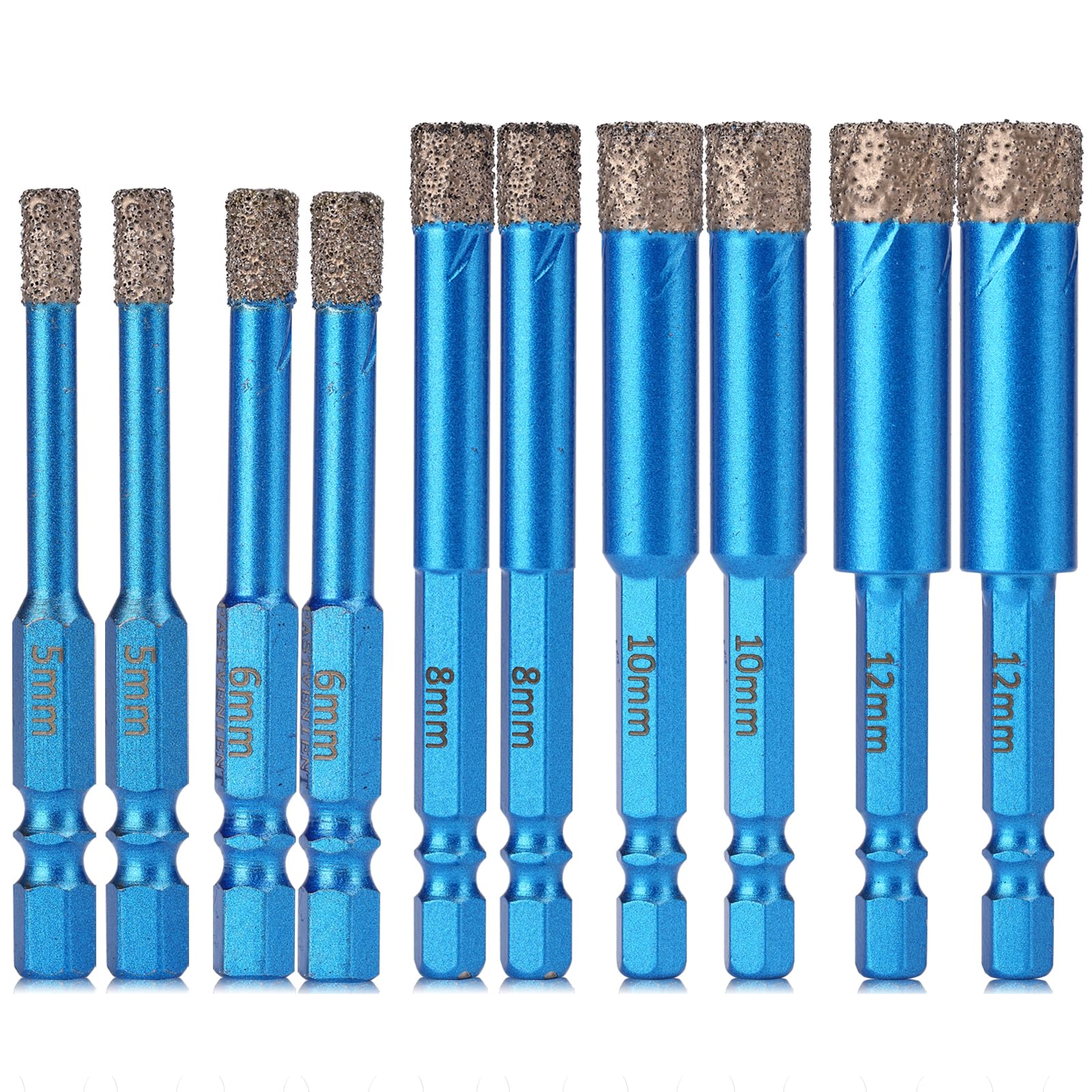 Diamond Drill Bits Set,10pcs Tile Hole Saw,Diamond Hole Saw, Size(3/16”,1/4”, 5/16” 3/8”, 1/2”) x2,1/4 Hex Shank for Glass,Ceramic,Porcelain,Tiles,Marble Brick,Granite,Quartz Pots,Acrylic