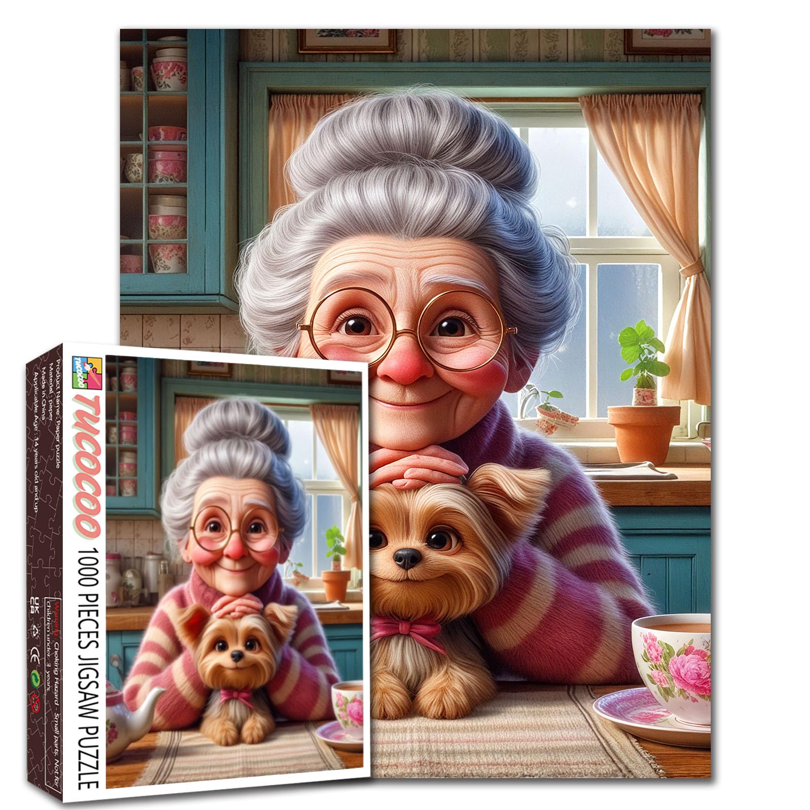 Sweet Grandma with Puppy Jigsaw Puzzles 1000 Pieces Afternoon Tea Time Art Jigsaw Puzzles for Challenging Family Games Cozy Kitchen DIY Handwork Puzzle for Home Wall Decor Gifts 20x27 Inches