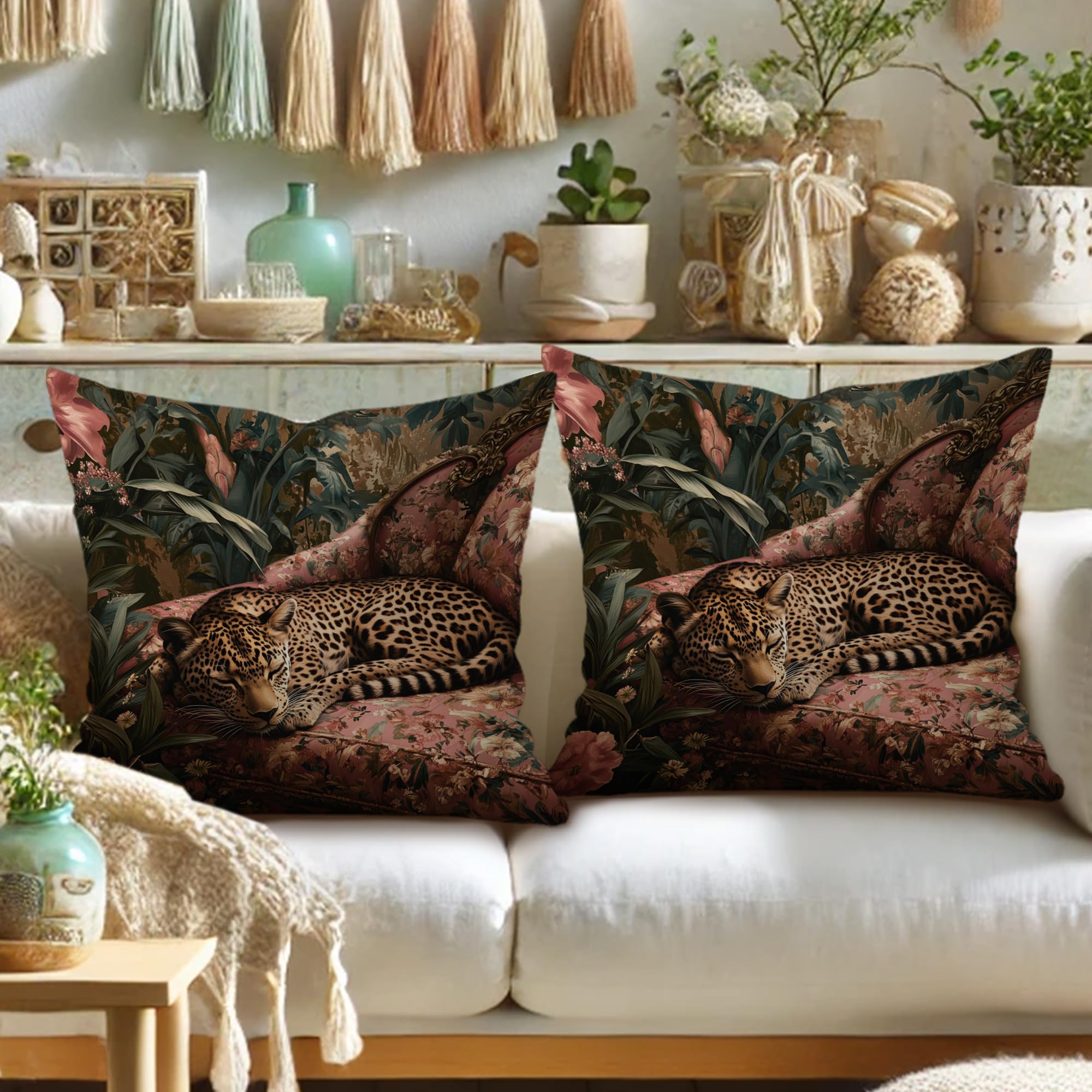 Set Di 2 Federe Per Cuscini 40x40 Cm Con Stampa Leopardata Rosa Chiaro E Bianco - Motivo Ghepardo, In Misto Lino, Per Divano, Camera Da Letto E Veranda
