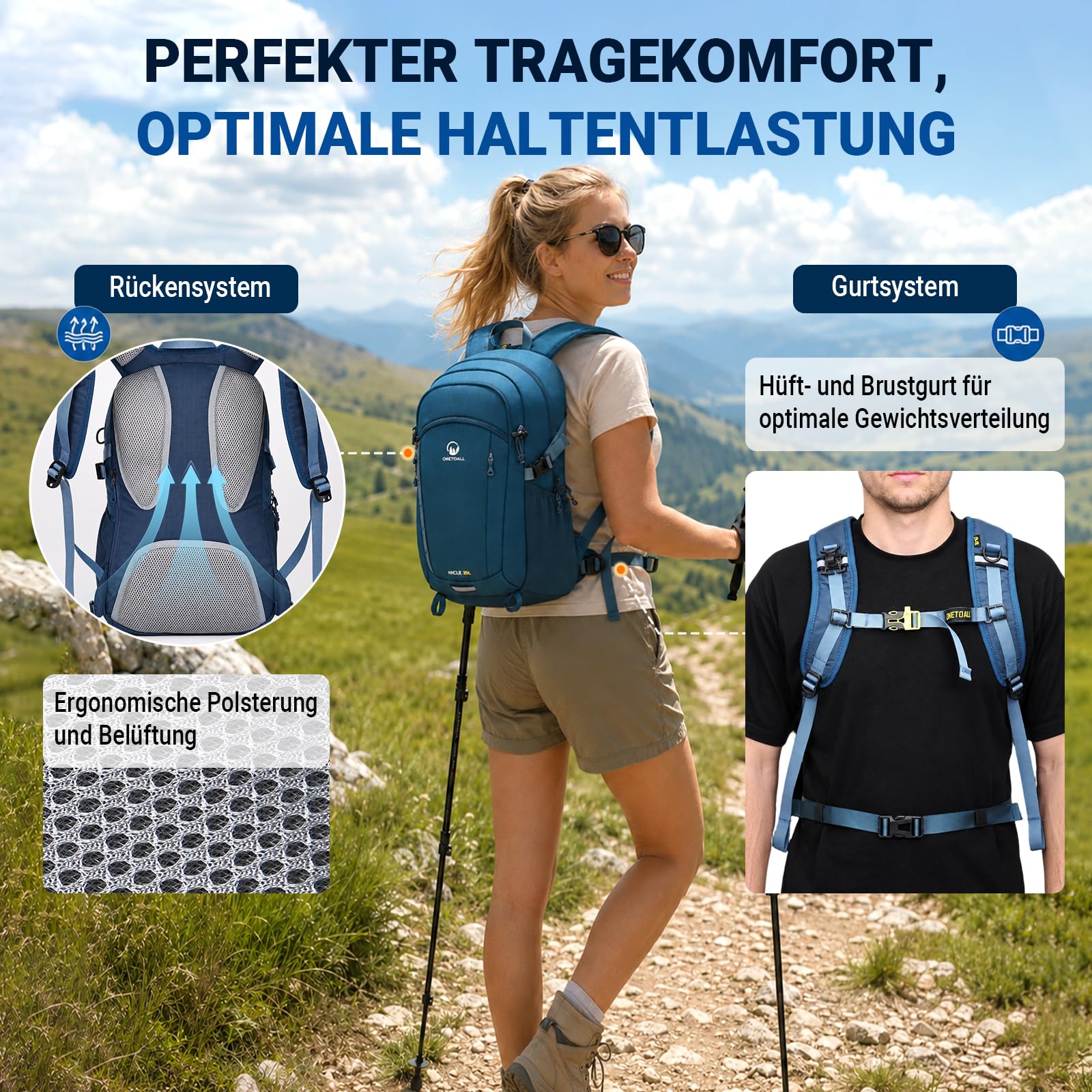 Wanderrucksack Damen & Herren 20L, Leichter Tagesrucksack Klein, Rucksack Wasserdicht mit Regenhülle für Tageswanderungen, Kurze Touren, Radfahren, Pendeln, Nur 510g