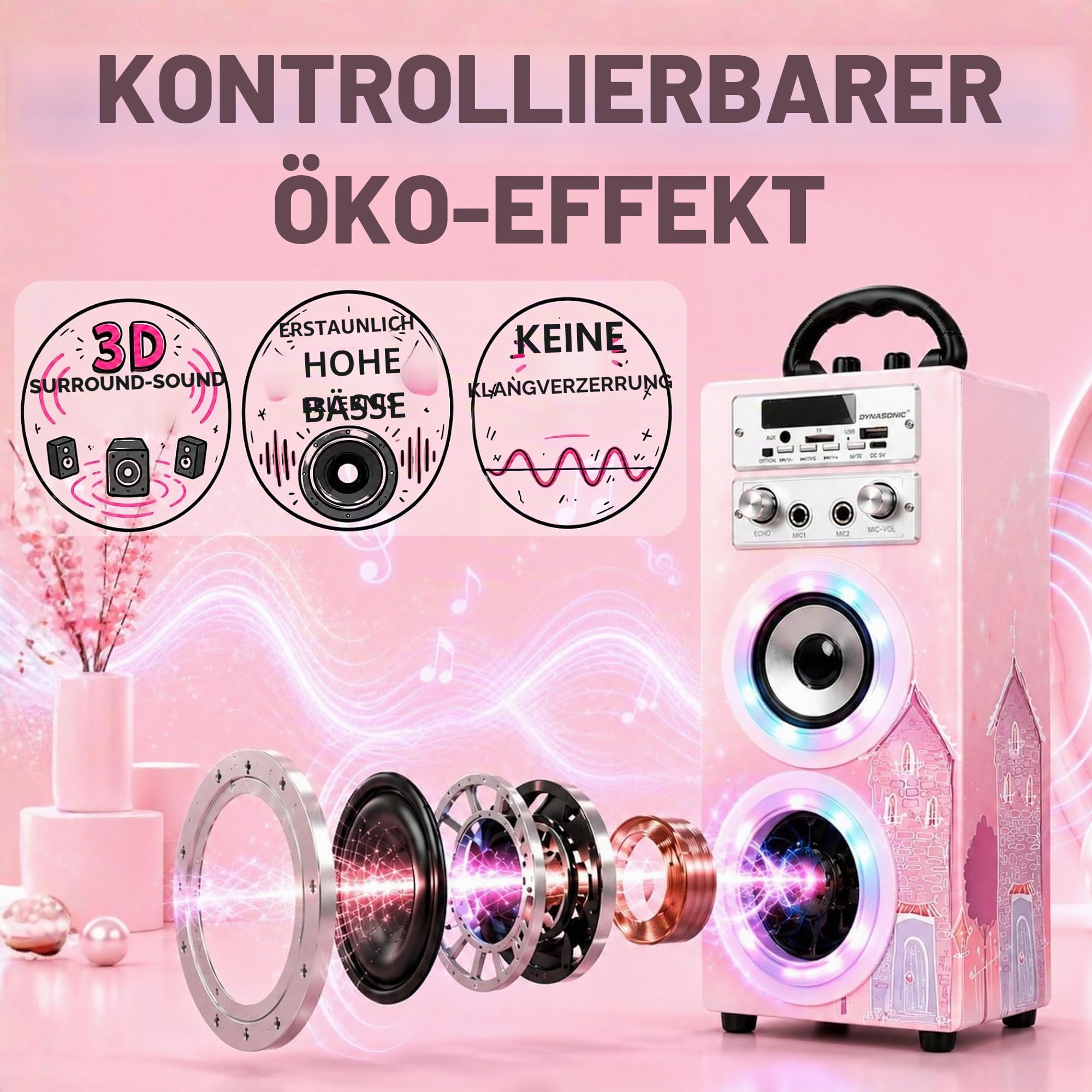 DYNASONIC Karaoke mit 2 Mikrofonen, tragbarer Karaoke-Maschine, Bluetooth-Lautsprecher, USB- und SD-Kartenleser, Lichter, Geschenk für Kinder von 5 bis 13 Jahren (Model 19)