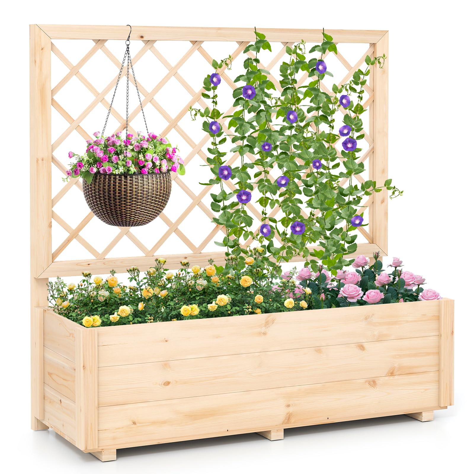 COSTWAY Wooden Planter with Trellis, Raised Garden Bed with Liner, Drainage Design & Removable Bottom Panels, Outdoor Trough Planter Box for Climbing Plants Vines (Natural, No Liner, 98 x 34 x 104 cm)
