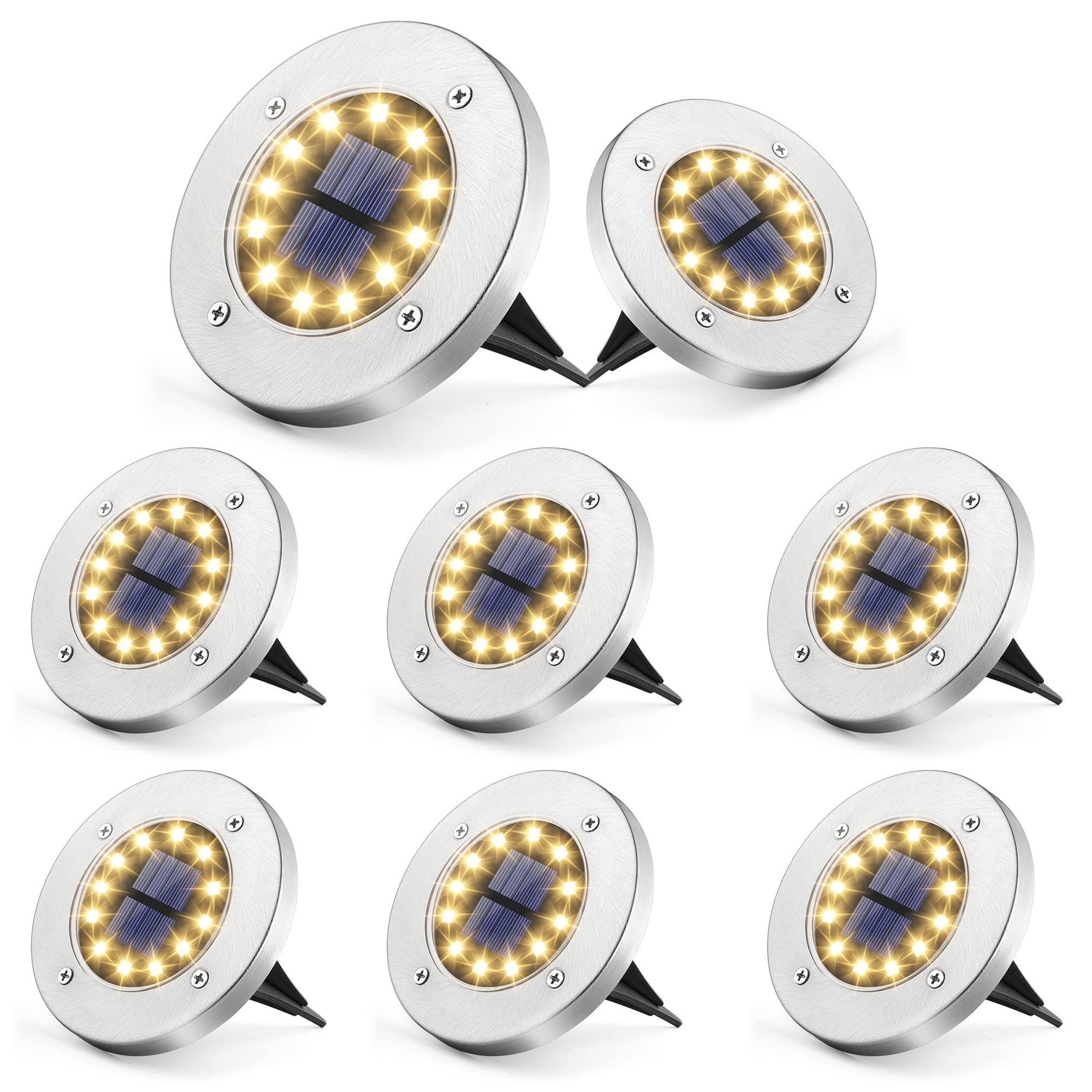 GIGALUMISolar Ground Lights 12LEDs 8PACK In-Ground Lights Solar Powered Pathway Lights Outdoor Decking Landscape Lamp for Lawn Yard Pool Patio（Warm White）