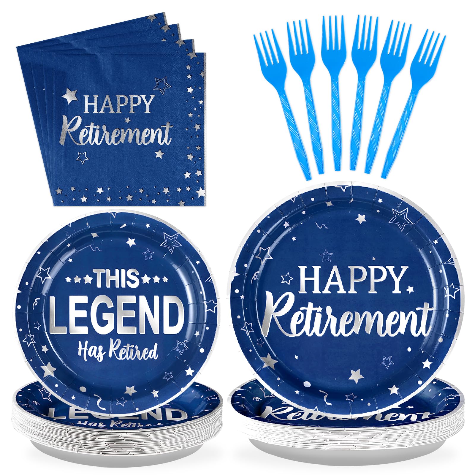 Grencian 96 Pcs Retirement Party Supplies Blue and Silver Happy Retirement Plates and Napkins Disposable Heavy Duty Retired Paper Decorations