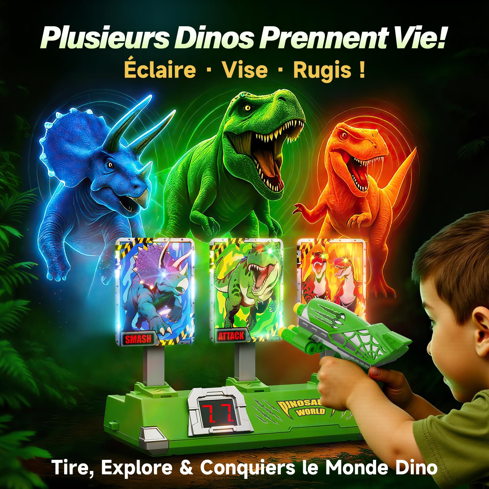 Dinosaure Jouet Pistolet avec Lumineux Cible Tir Electronique Automatiques, Dinosaur Jeux Exterieur Enfant 3-12 Ans Cadeau Garcon 3 4 5 6 7 8 9 10 11 Ans Jouet Enfant 4-9 Garçon Cadeaux Anniversaire