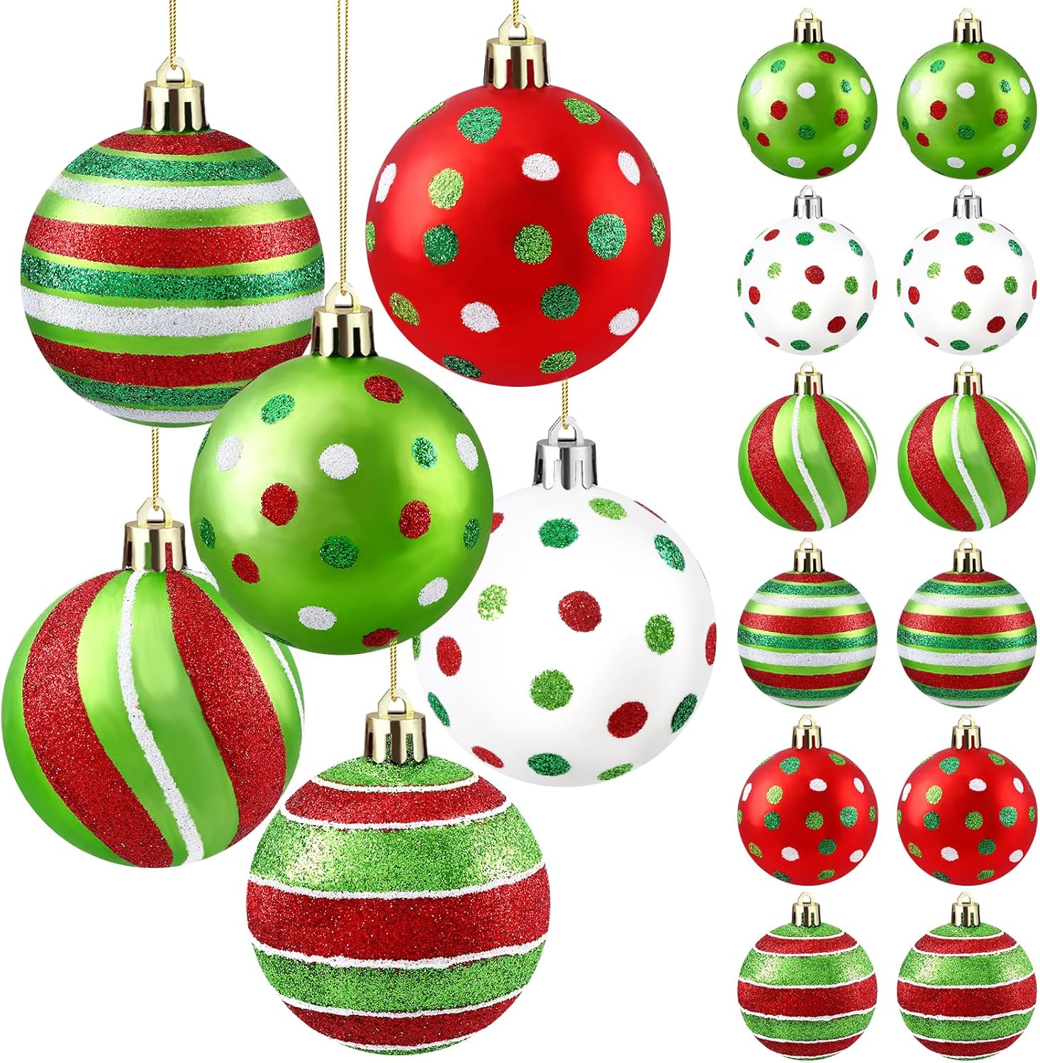 DIYDEC 18pcs Christmas Balls Ornament 2.4 Inch Glittering Hanging Xmas Balls for Tree Decoration Swirl Candy Cane Elf Balls Red Green Plastic Christmas Baubles for Home Indoor Holiday Party Decor 6cm DAMAGED 