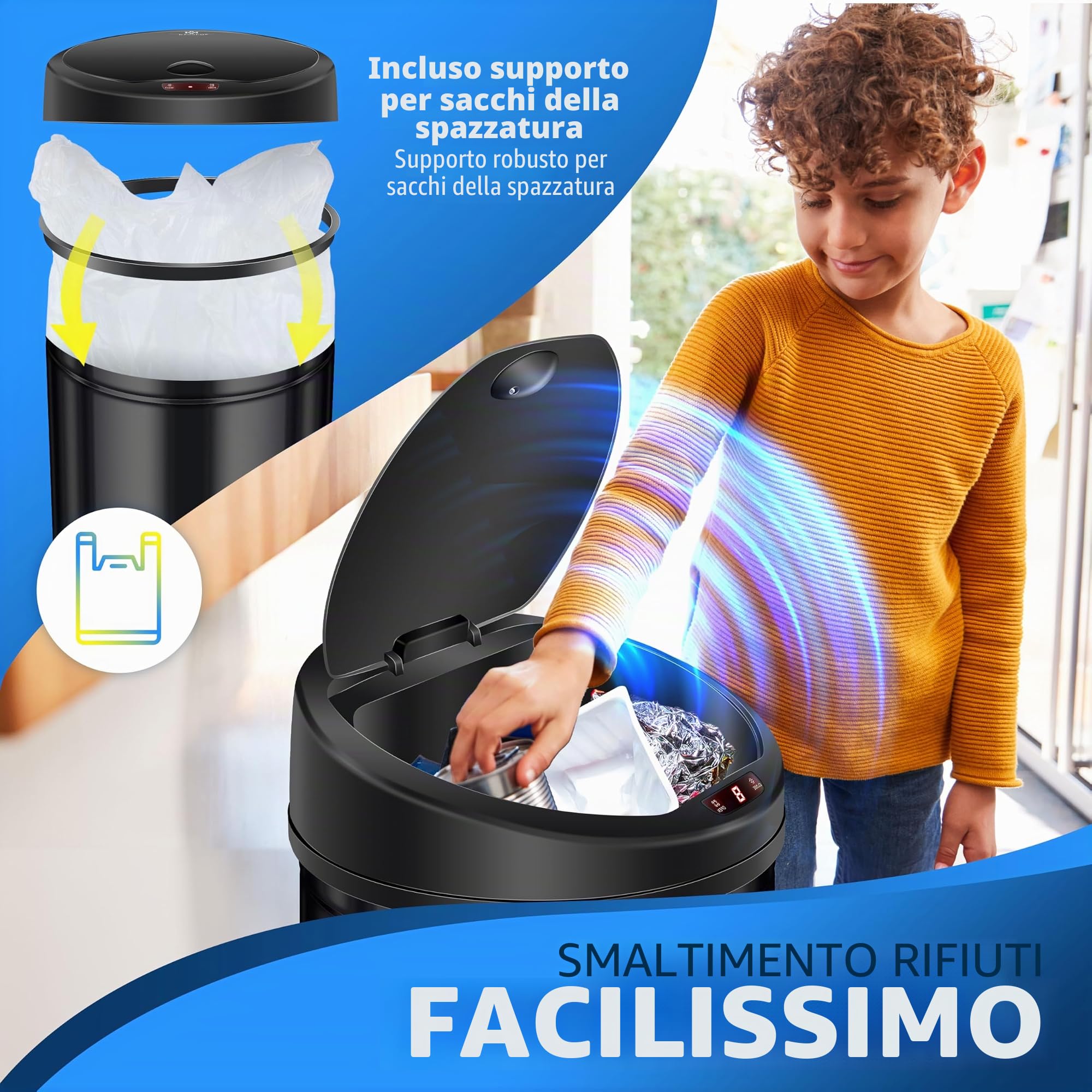 KESSER® Pattumiera con sensore ✓ Automatica ✓ Pattumiera ✓ Rifiuti | Acciaio inossidabile | Colore: nero | Dimensioni: 30 l