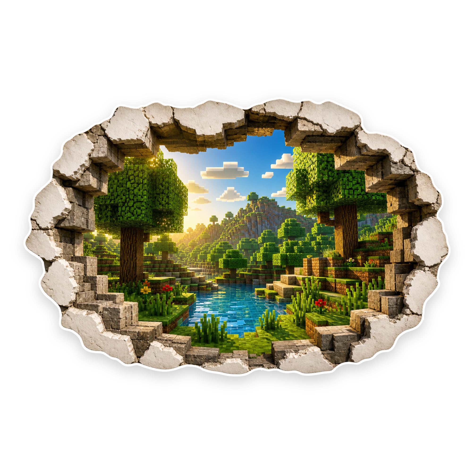 INKati Cube World Forest Illusion Contour-Cut Vinyl Wall Sticker, 30 x 20 cm - Glossy Removable Art Decal for Children's Bedroom or Gaming Room