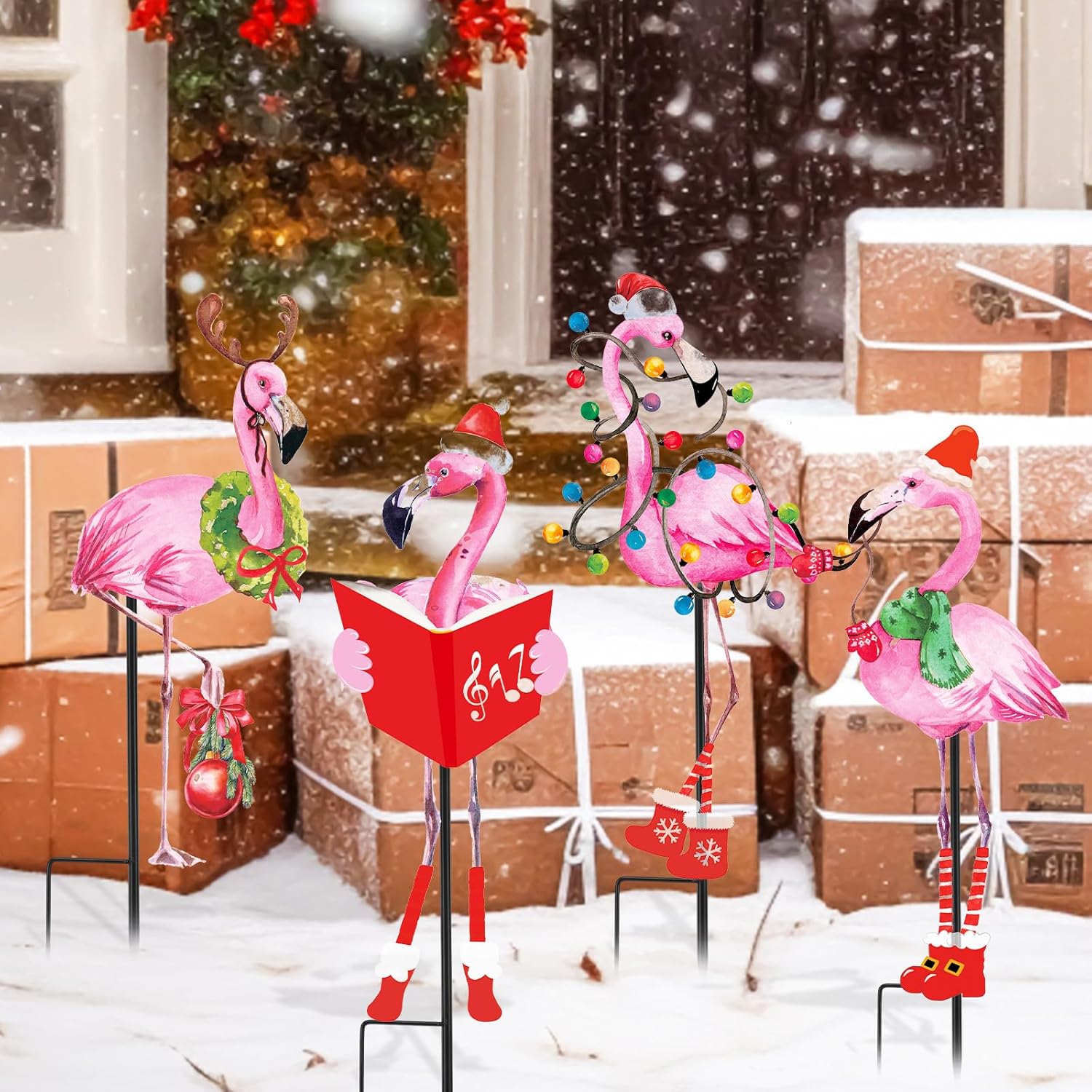 Soaoo 4 Pcs Christmas Caroling Flamingos Yard Decor Sturdy Weatherproof Metal Pink Flamingo Yard Stakes Ornaments for Outdoor Indoor Lawn Patio Garden Holiday Xmas Party Decor