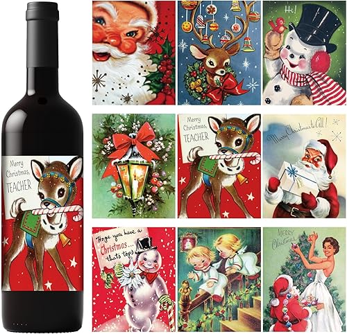 Whaline 54 calcomanías de etiquetas para botellas de vino de Navidad, vintage, adhesivas, cubierta de botella de vino, Papá Noel, muñeco de nieve,