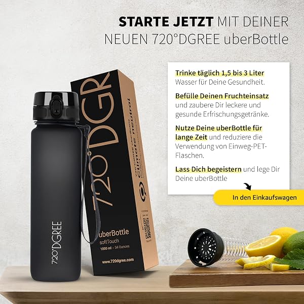 720°DGREE Trinkflasche “uberBottle“ 350ml, 500ml, 650ml, 1l softTouch +Früchtebehälter - Auslaufsicher, BPA-Frei - Schmale Wasserflasche für Kinder, Schule, Sport, Fahrrad, Gym, Fitness, Outdoor - 5