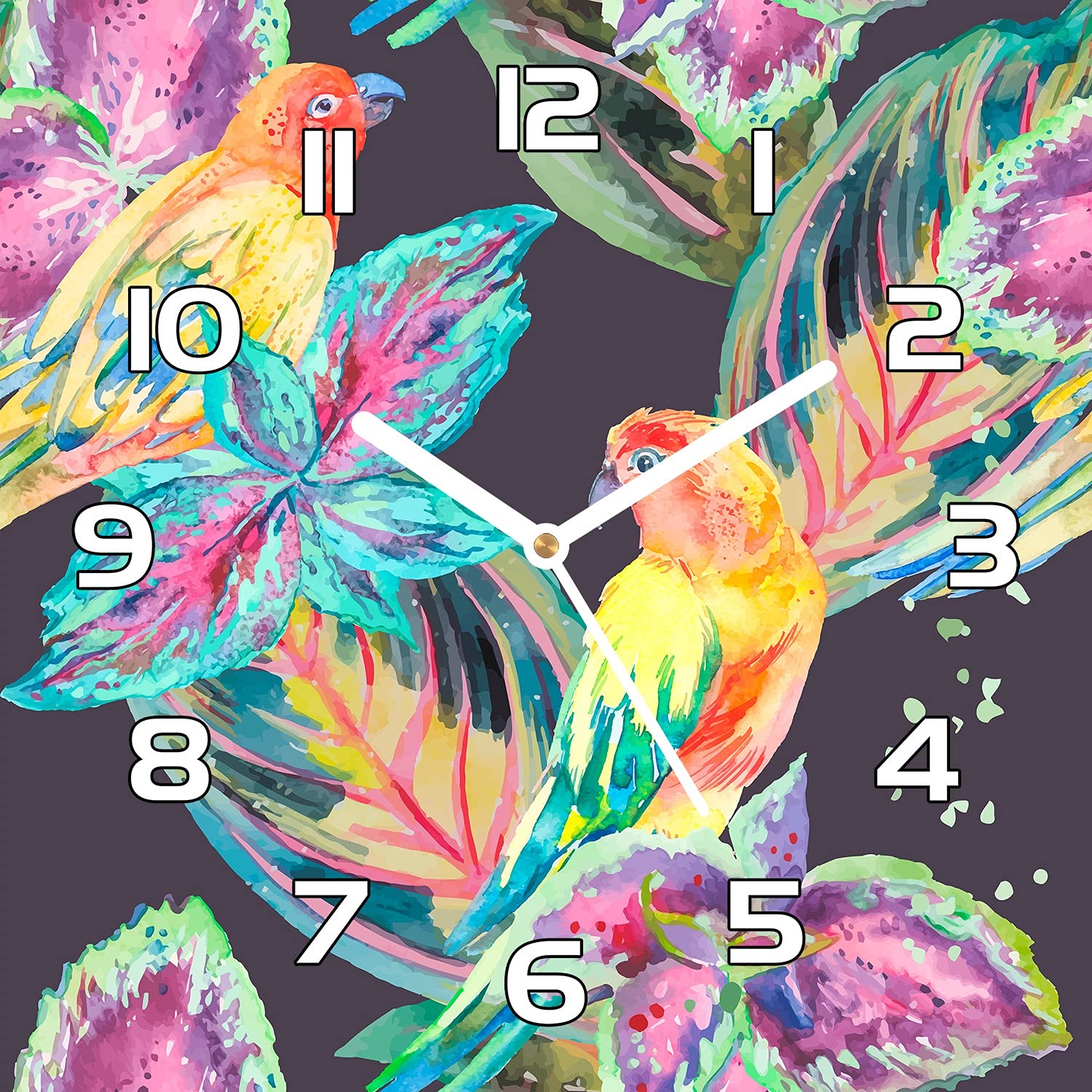 Horloge en verre 30x30 cm Coloray avec aiguilles blanches motif perroquet