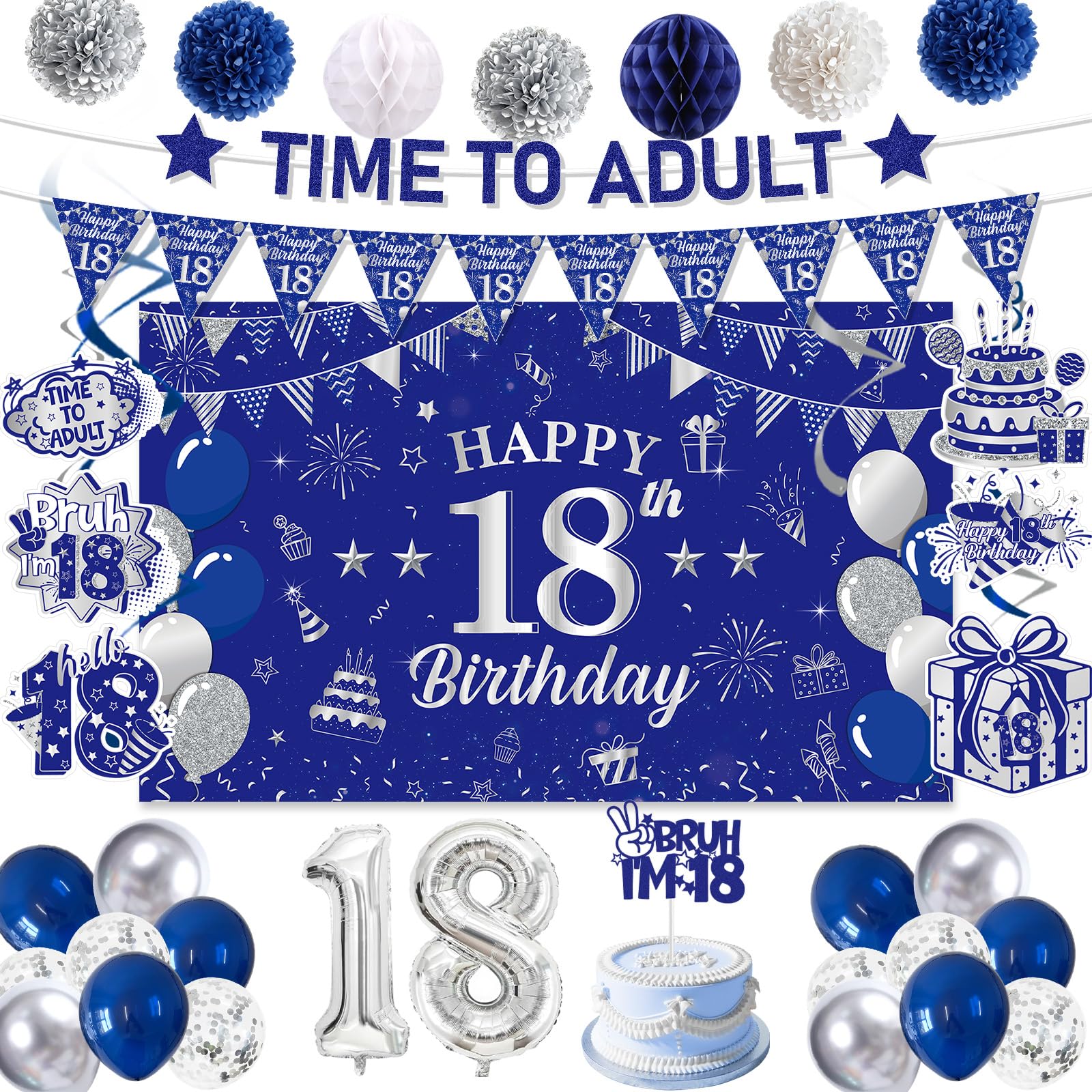 18th Birthday Decorations Boy Girl - Blue White Silver 18 Year Old Banner for Boys, Party Decoration with Backdrop Confetti Balloons Paper Flowers Happy Birthday Flags & Cake Toppers