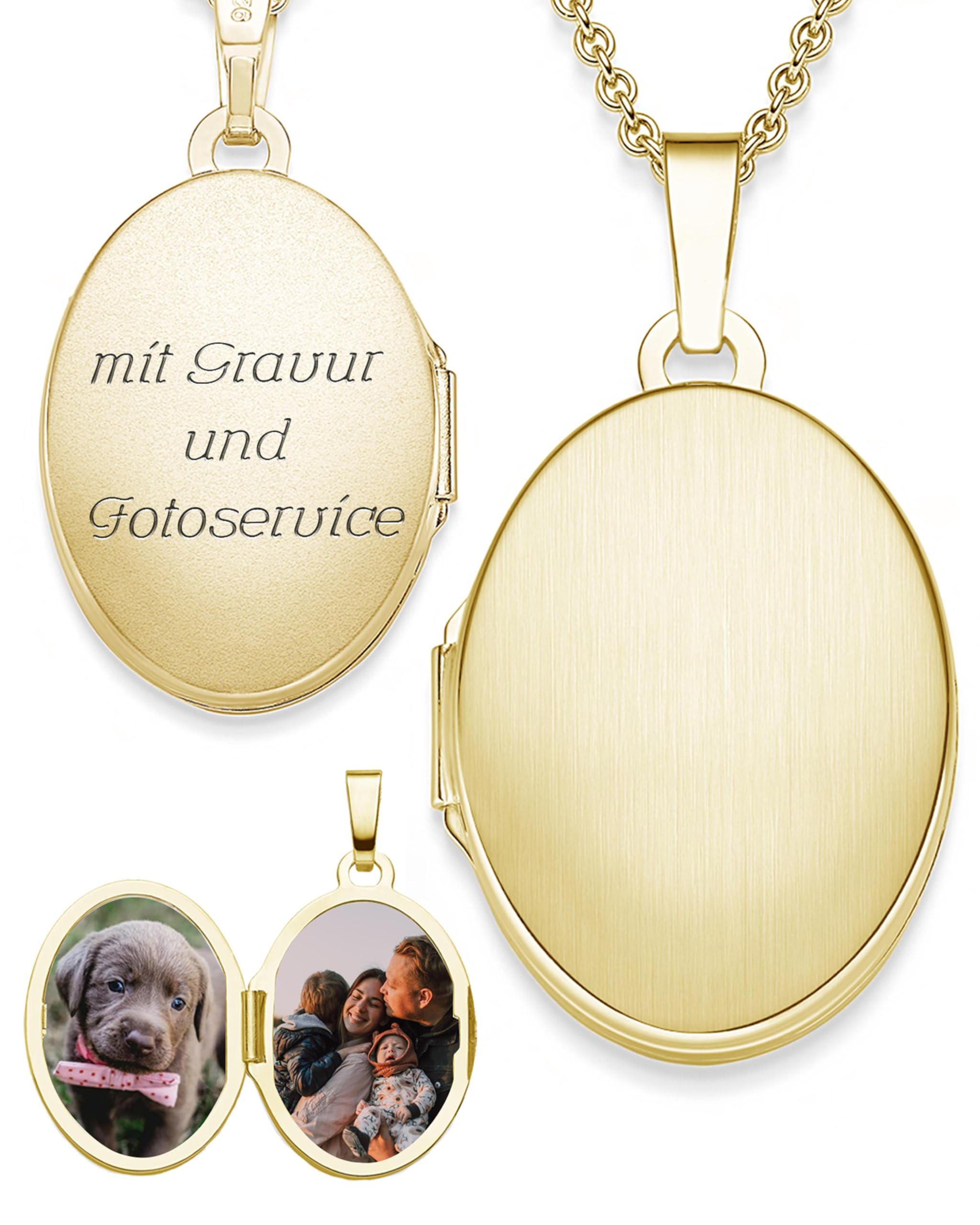 Damen Medaillon Oval zum Öffnen mit Bild Gold vergoldet, Amulett Anhänger | Medallion Aufklappbar, Kette personalisiert, Foto Upload-Service & Gravur