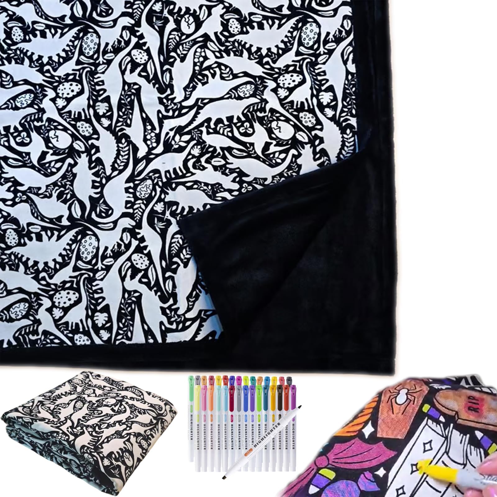 Lmyaicp DIY Coloring Blanket, Color Your Own Sherpa Fleece Throw 50×60 Inch, Washable Fabric for Re-Coloring, Cozy Kids Bedroom Sofa Décor with Coloring Pens, Creative Personalized Gift (Dinosaurs)