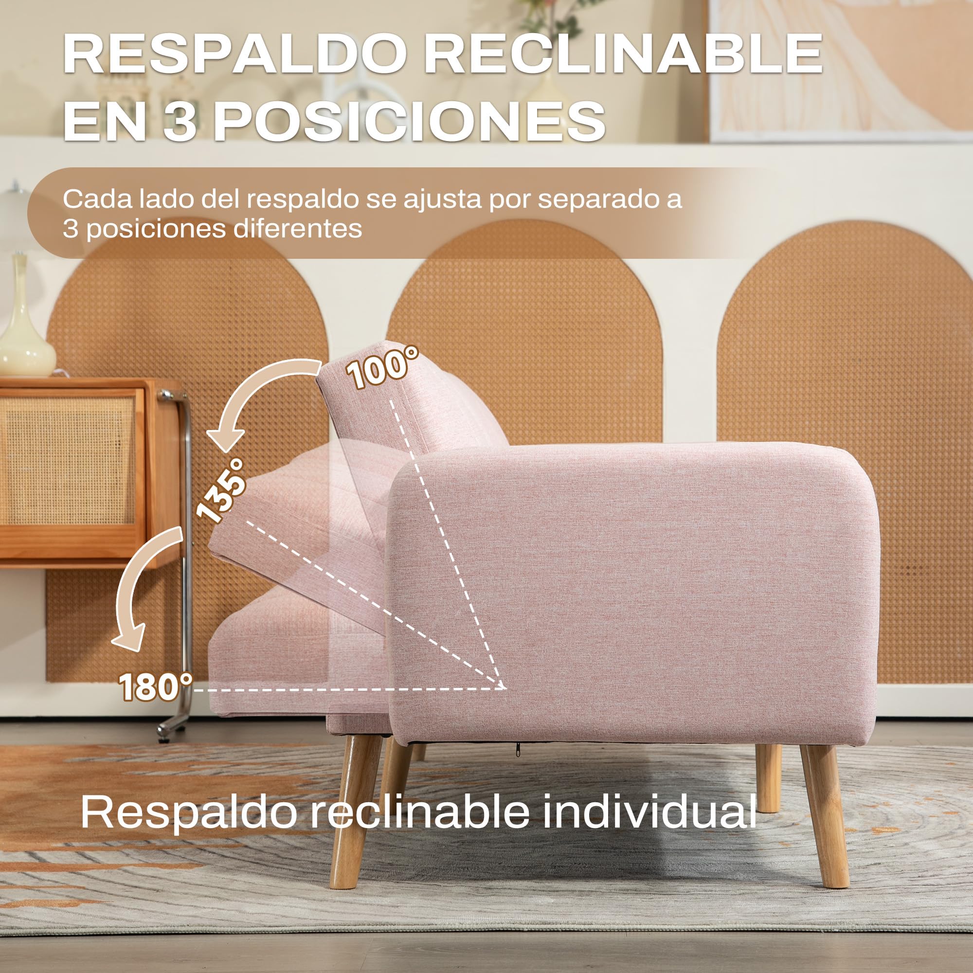HOMCOM Sofá Cama de 2 Plazas Moderno 173x75x73 cm Sofá Cama Plegable Tapizado en Lino Sintético con Respaldo Ajustable en 3 Niveles y Reposabrazos Desmontables para Salón Oficina Rosa