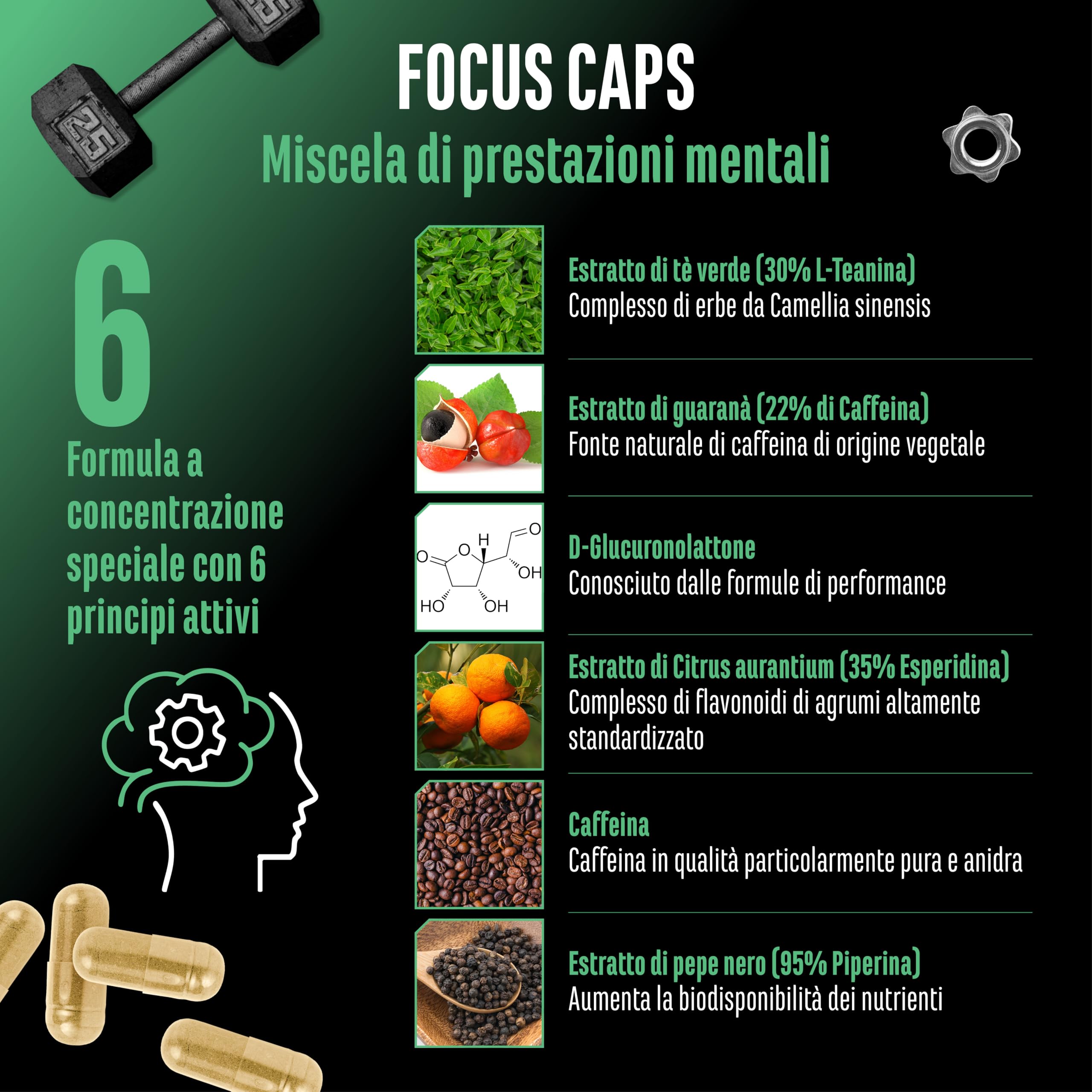 Focus Caps - 120 capsule - Miscela per le prestazioni mentali con L-Teanina, Tè verde, Guaranà, estratto di Citrus Aurantium, Caffeina, D-Glucuronolattone - ad alto dosaggio, vegan