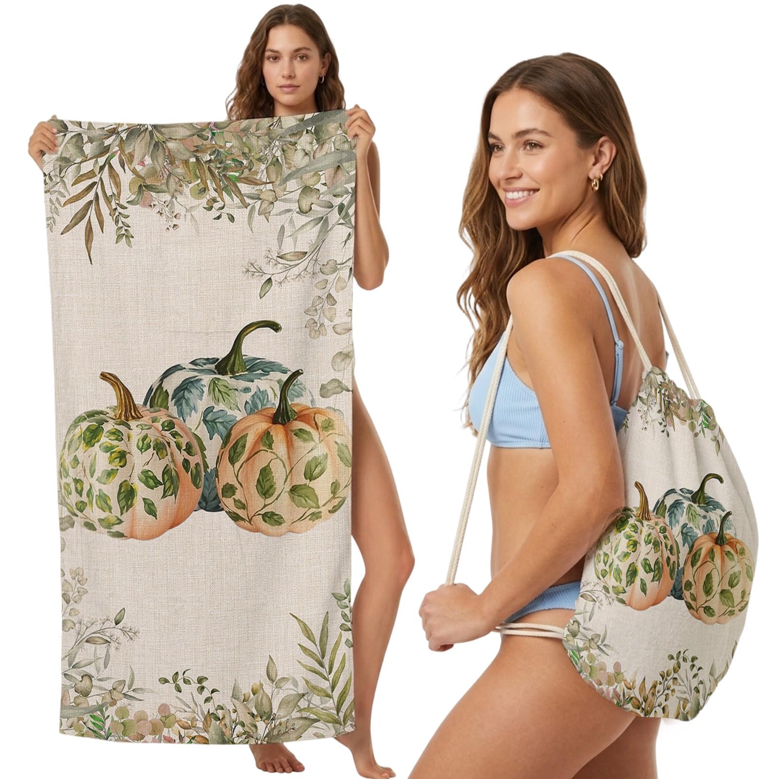 2-in-1 Beach Towel Backpack,Fall Eucalyptus Pumpkin Thanksgiving Bath Towel with Built-in Storage Farm Plant Retro Linen Convertible Foldable Beach Blanket for Travel Pool Gym Camping Swim,31x63in