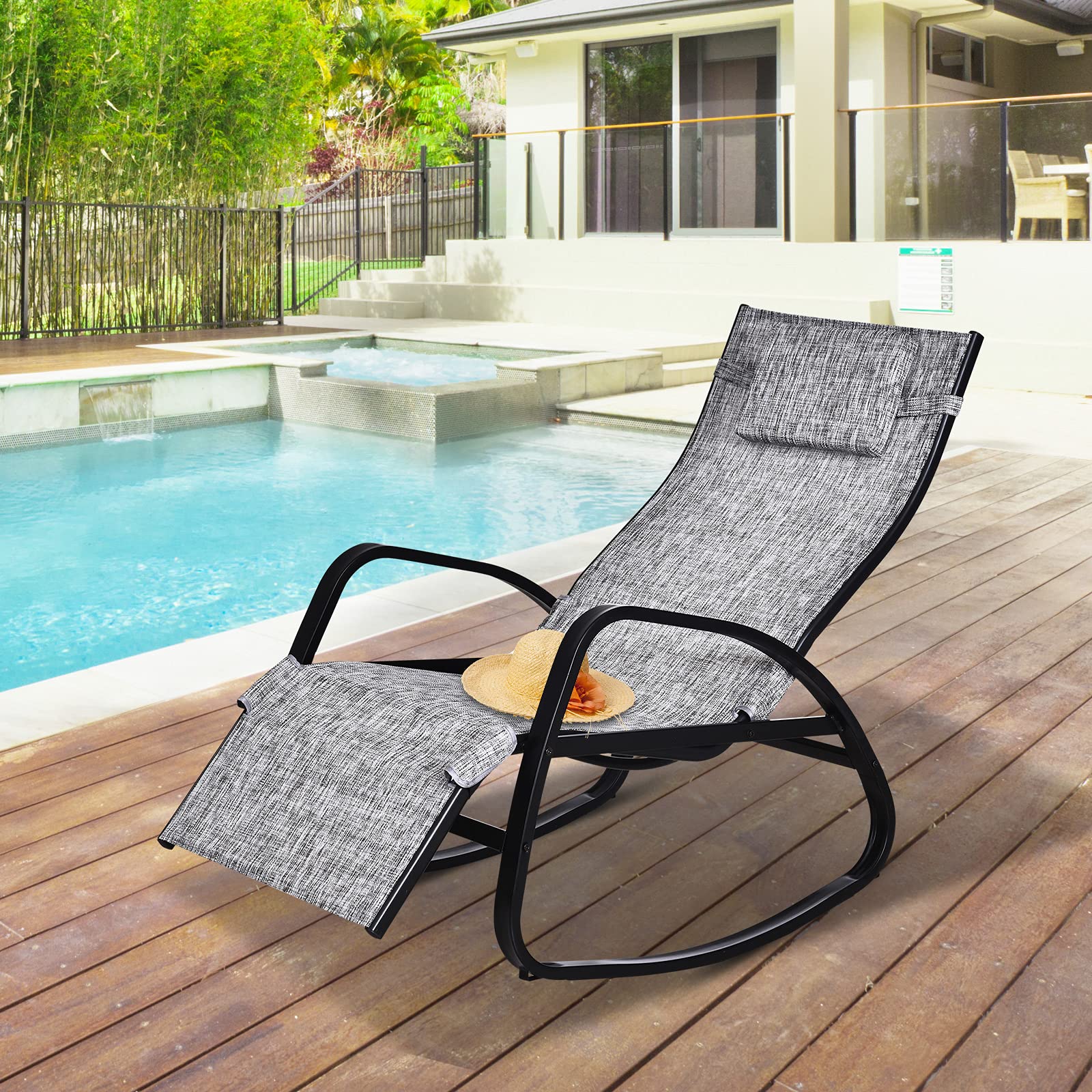 Outsunny Fauteuil à Bascule Dossier inclinable réglable Chaise Longue Pliable dim. 64L x 94l x 108H cm métal époxy Noir textilène Gris chiné