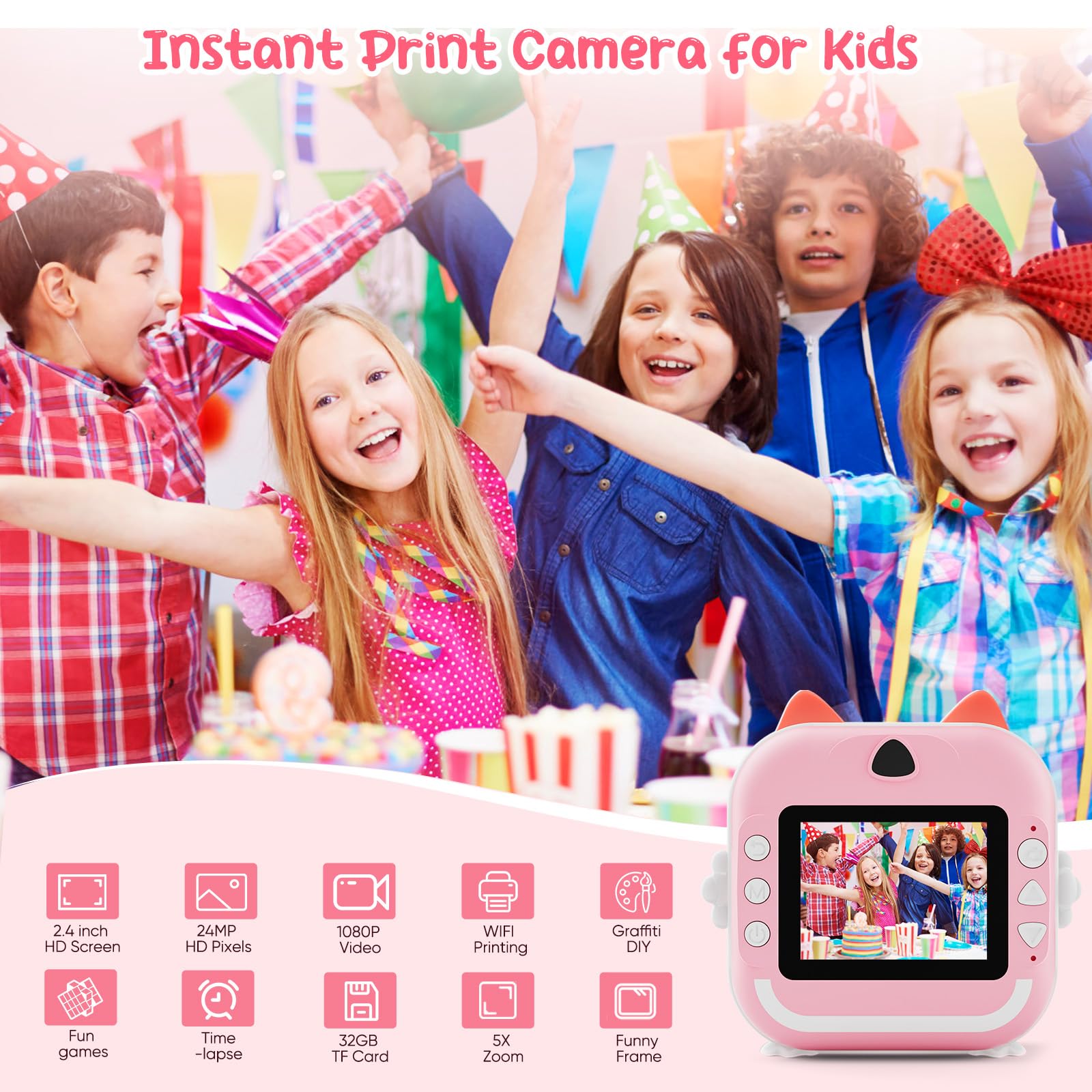 Macchina Fotografica Bambini Istantanea, Potuem 2.4 Pollici Digitale Fotocamera Bambini con 32GB Scheda TF, 6 Penne Colorate, 24MP/1080P Fotocamera Istantanea per Bambini, Regalo di Compleanno