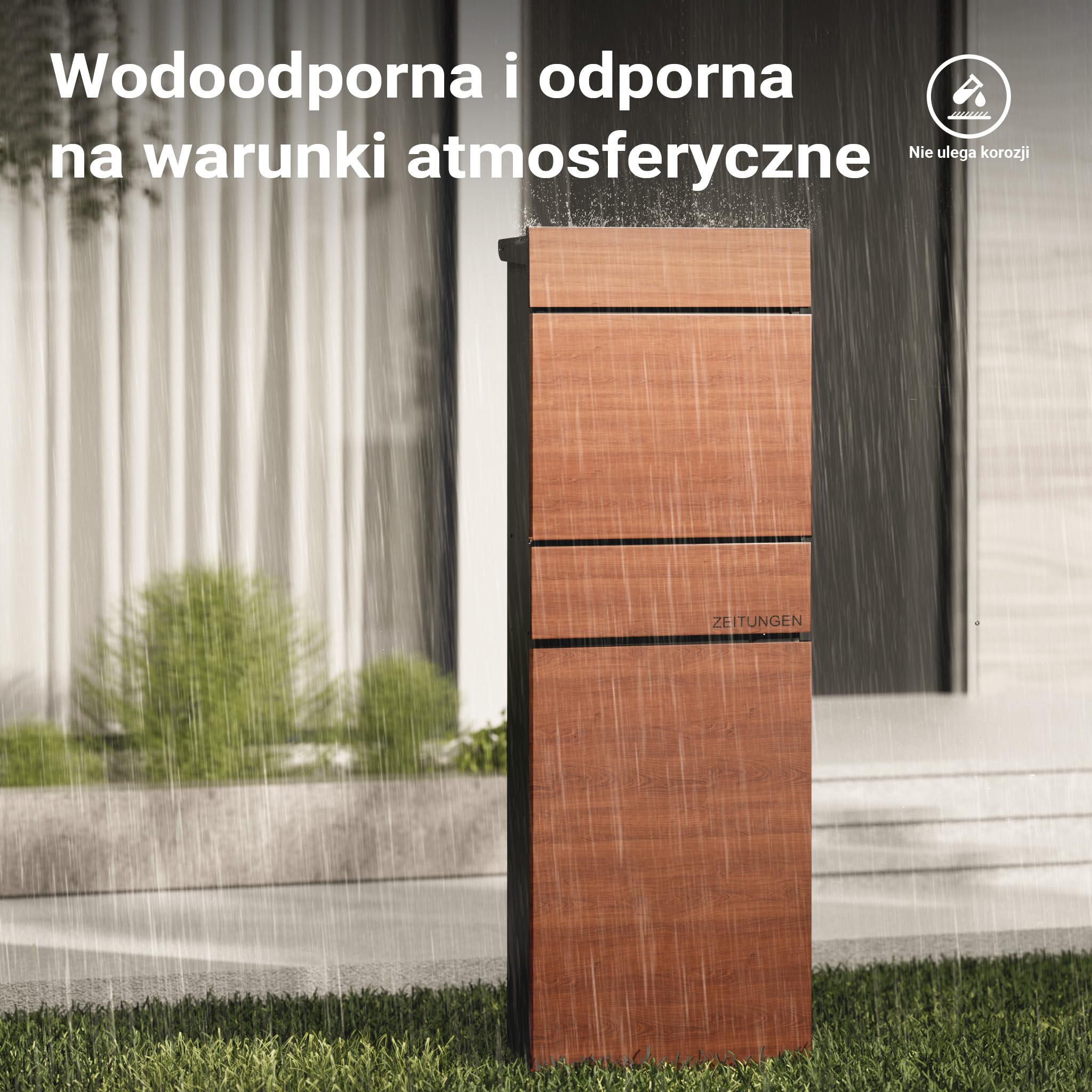 Wiltec Skrzynka pocztowa 395 x 142 x 1150 mm ze stali cynkowanej z drukiem UV imitujący drewno, słup na listy ze schowkiem na gazety, 2 kluczykami i klapą soft close