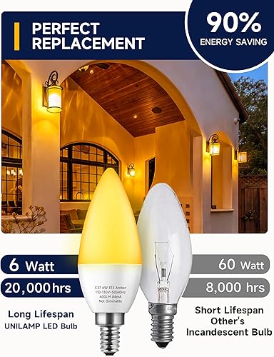 Miniatura 2 de UNILAMP Bombillas amarillas para candelabros, bombilla de vela E12, luces de 6 W para exteriores, equivalente a 60 W, no regulable, paquete de 3