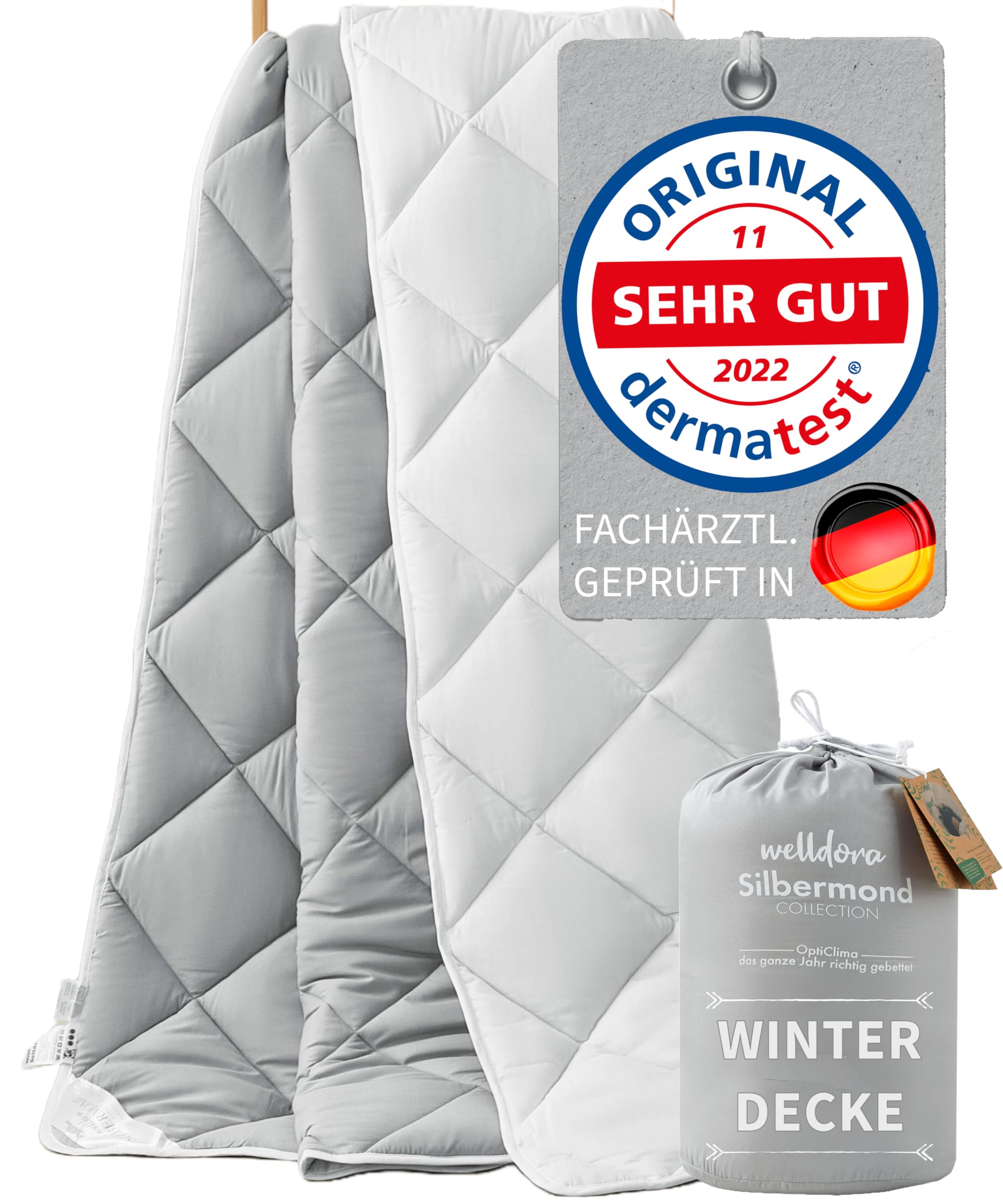 Welldora OPTICLIMA Allergiker Bettdecke 135x200 Winter | Fachärztlich geprüft | Made in Green Oeko-Tex zert. in der Schweiz | Ultra warme Winterdecke | Wendedecke Silbergrau-Weiß | Premium Steppdecke